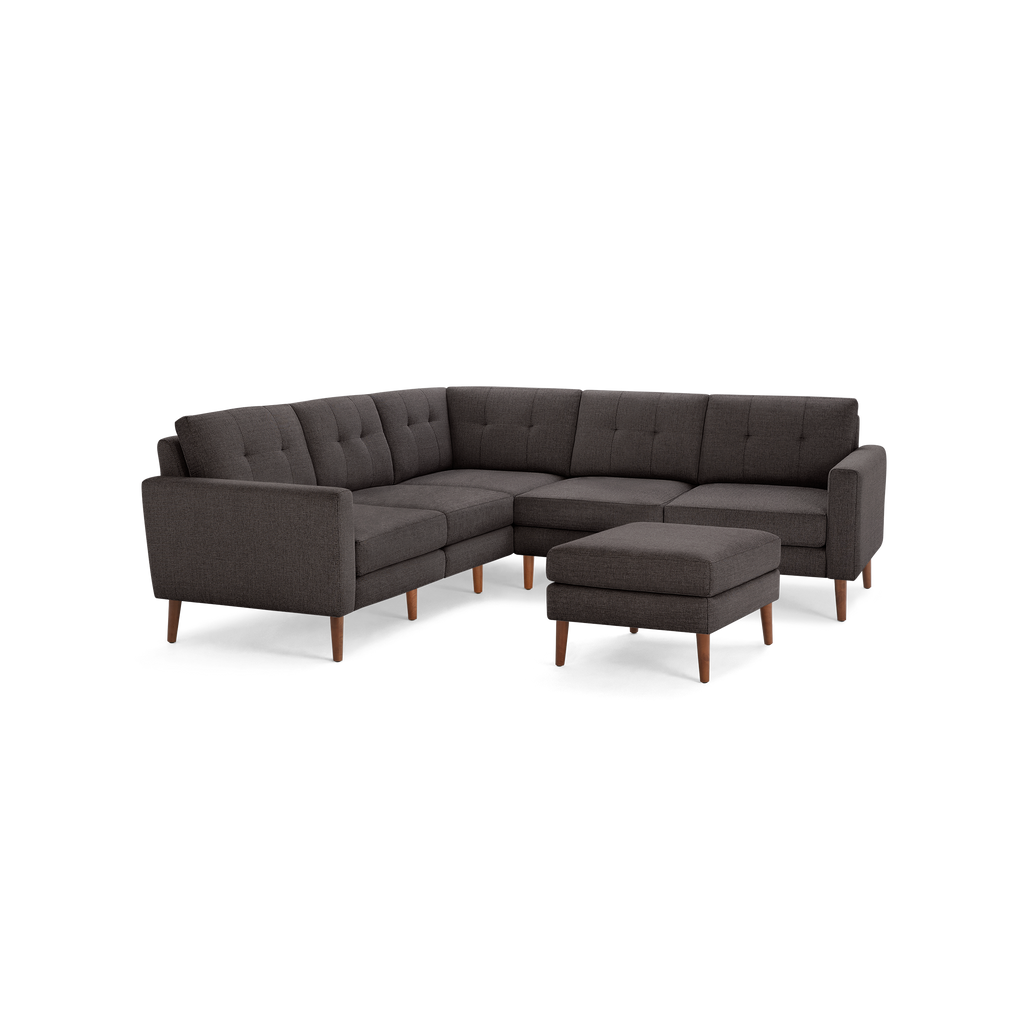 Nomad 5-Seat Corner Sectional with Ottoman - Charcoal - Performance Basketweave / Walnut - Wood / Block