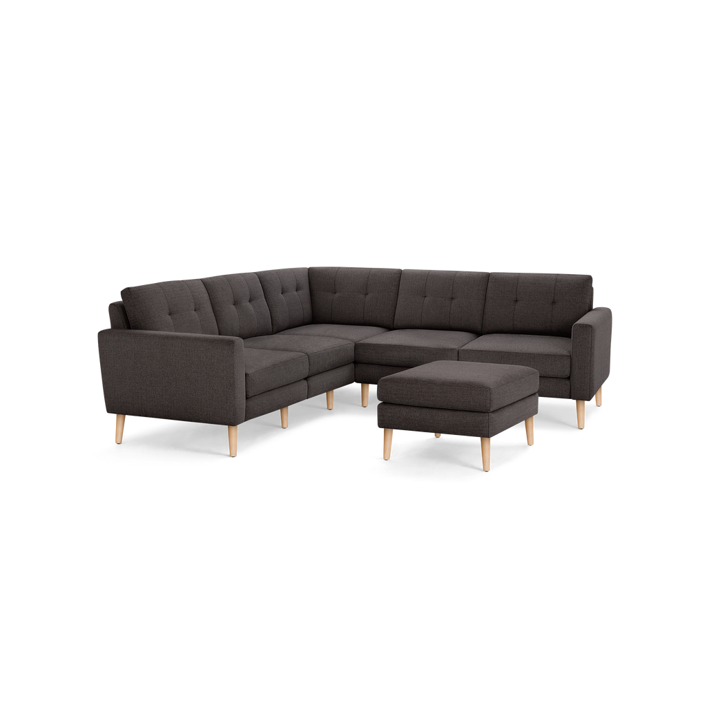 Nomad 5-Seat Corner Sectional with Ottoman - Charcoal - Performance Basketweave / Oak - Wood / Block