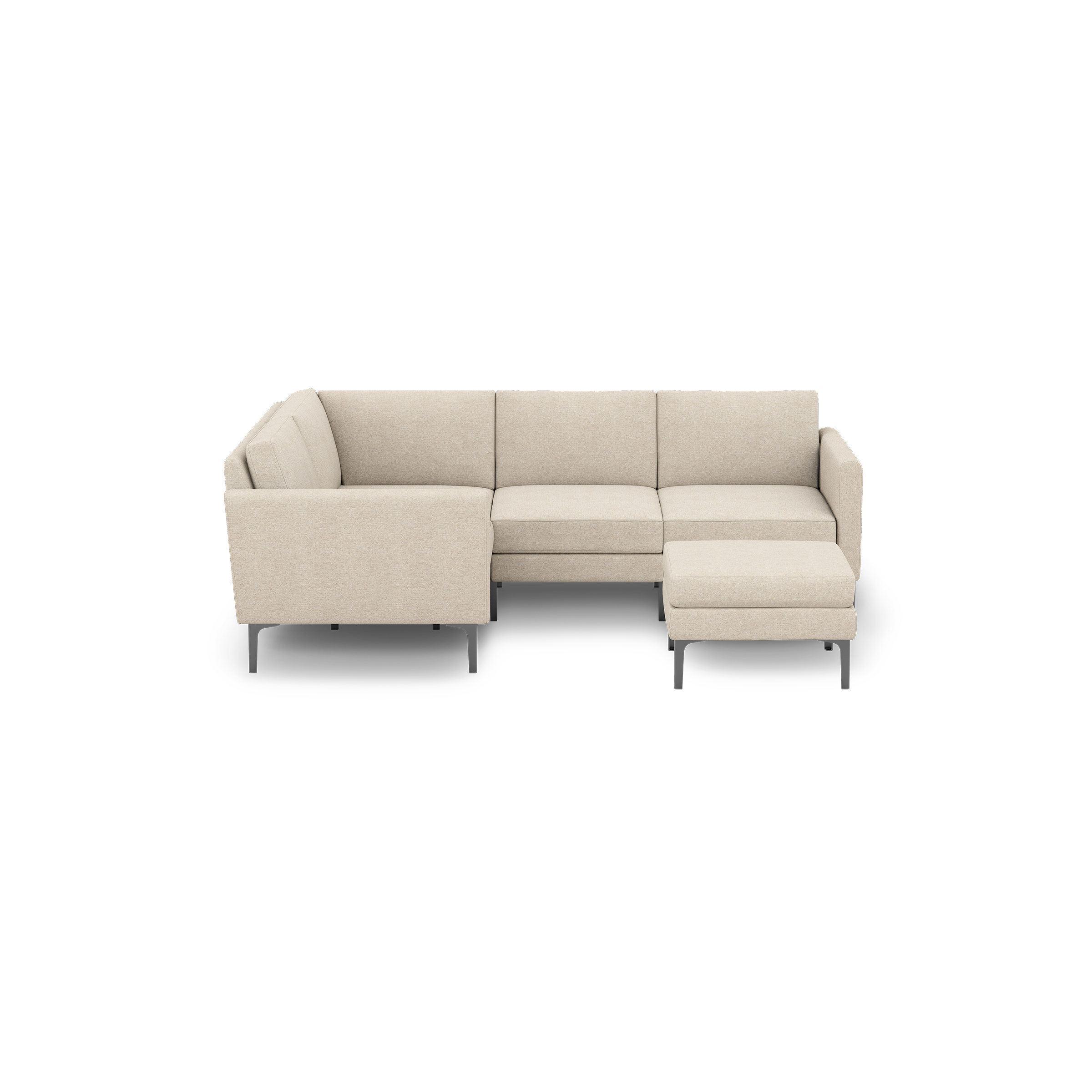 Beige fabric L-shaped sectional sofa with metal legs and an ottoman, displayed on a black background.