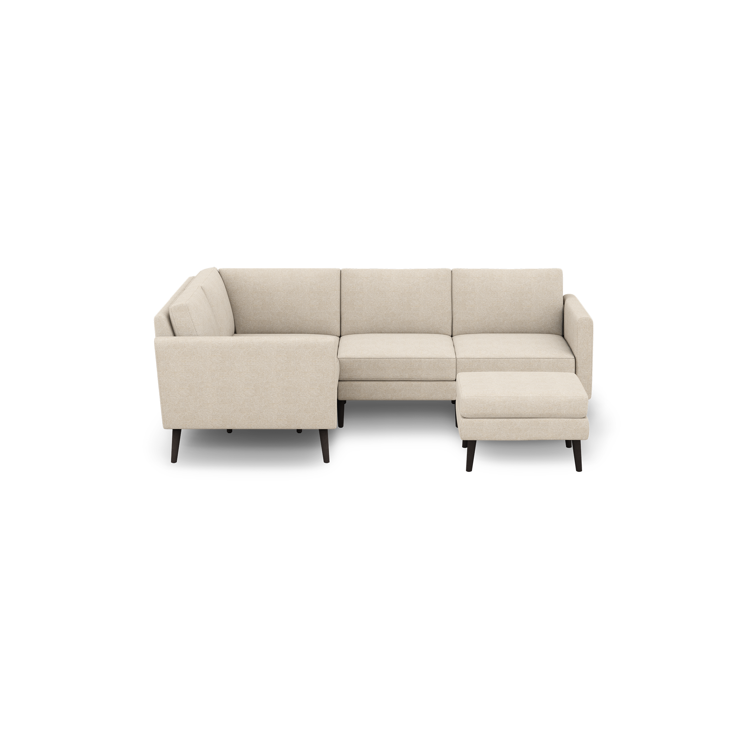 Beige fabric L-shaped sectional sofa with wooden legs, featuring a left armrest and an ottoman extension on the right side.