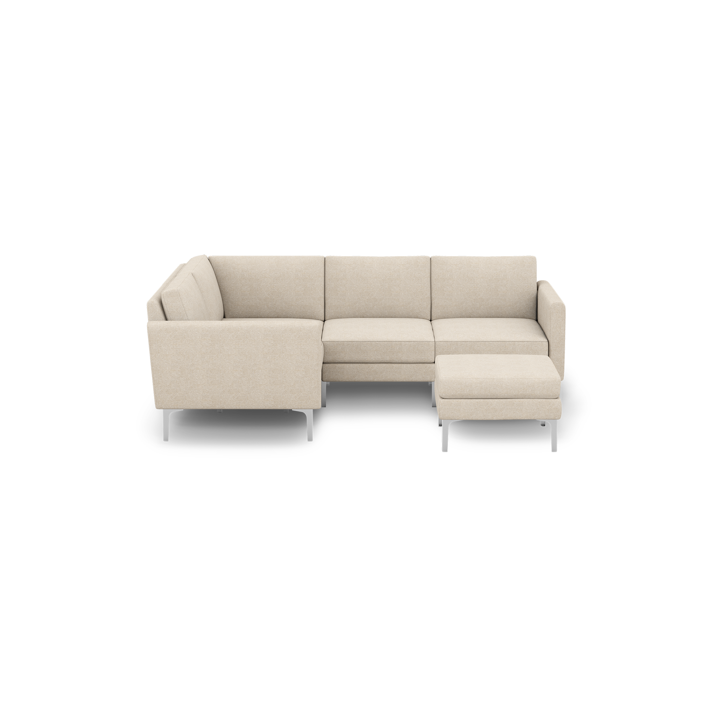 Beige fabric modern sectional sofa with metal legs, featuring an L-shape design and separate ottoman piece.
