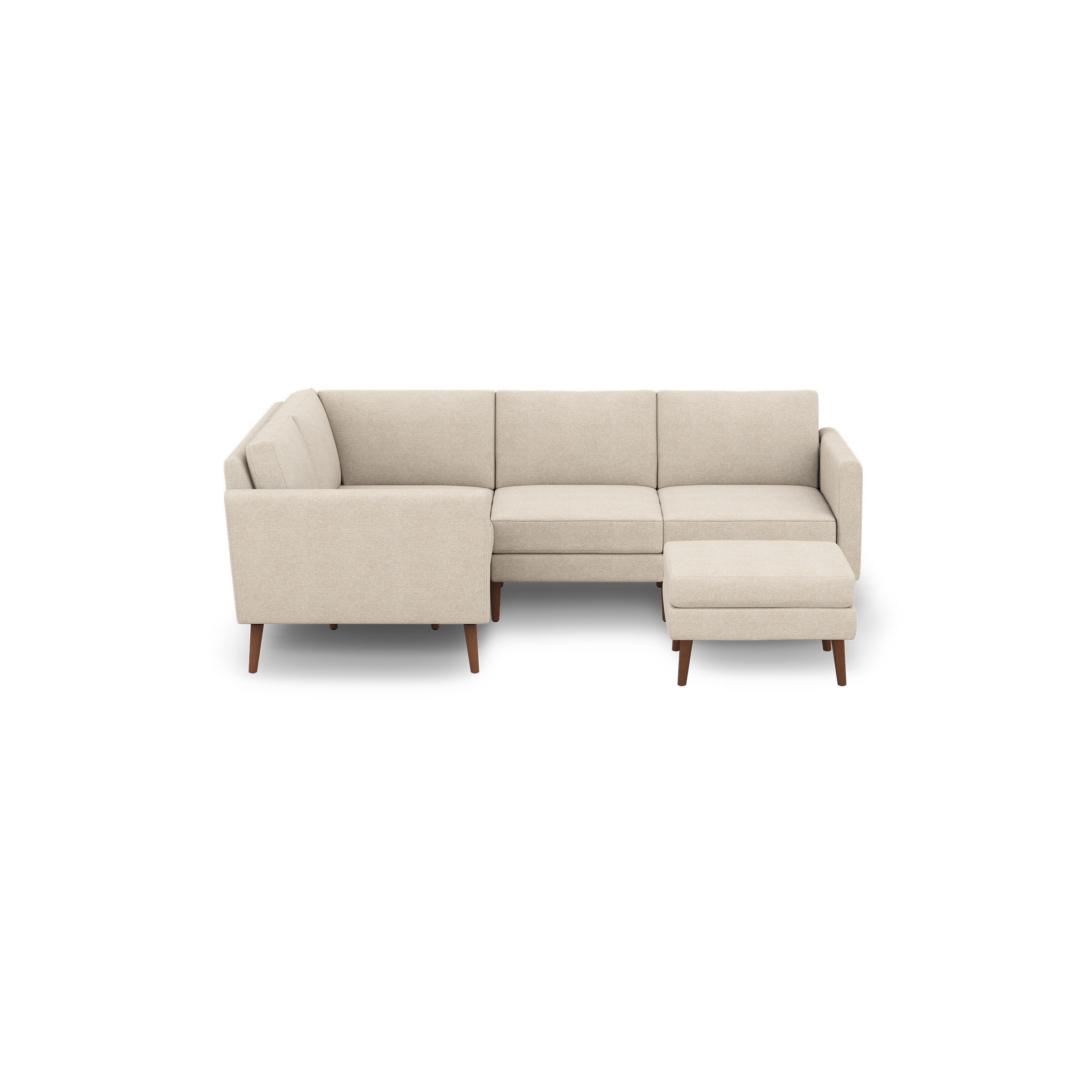 Beige L-shaped sectional sofa with wooden legs and matching ottoman, featuring clean lines and modern design.