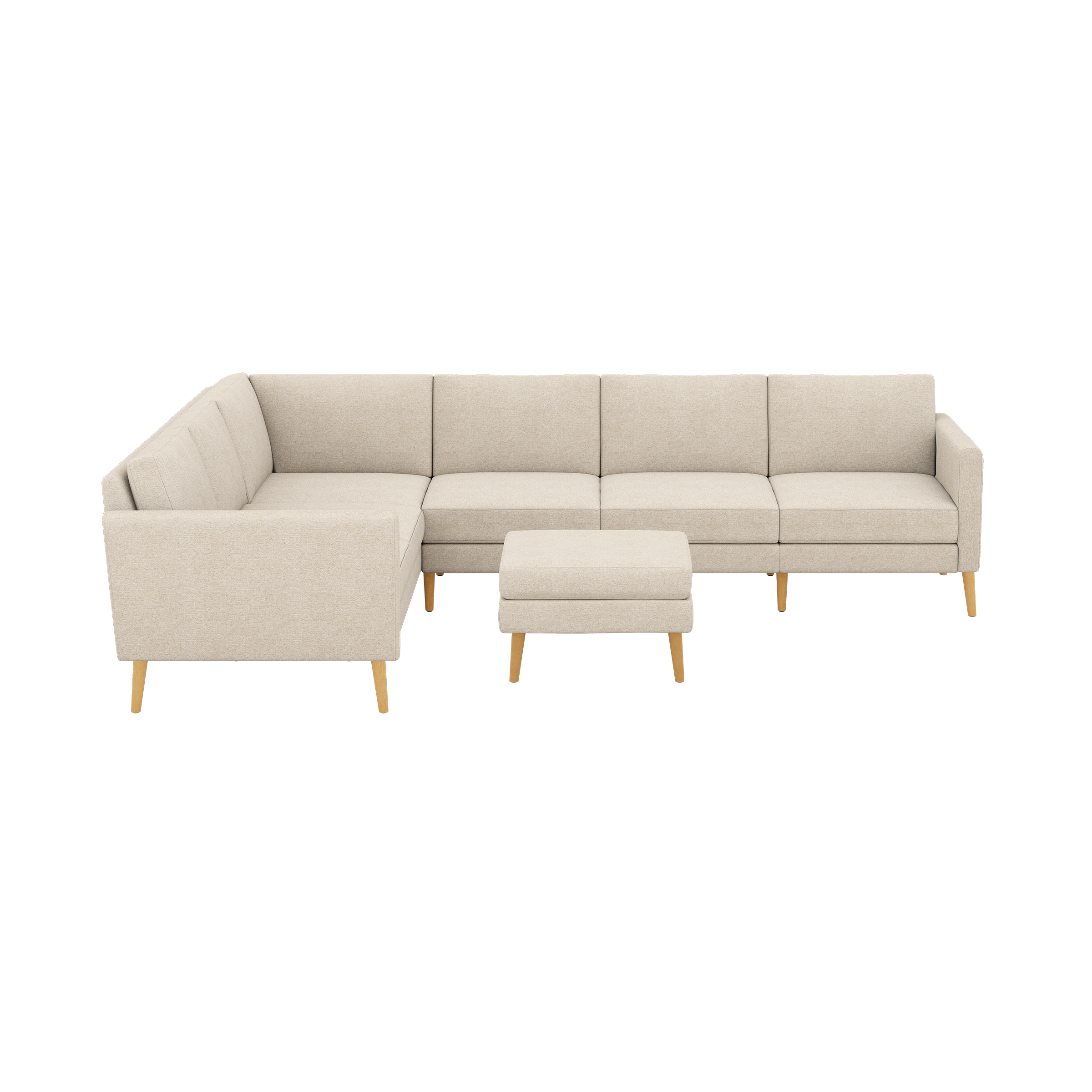 Beige L-shaped sectional sofa with wooden legs, featuring a matching cushioned ottoman, modern and minimalistic design.