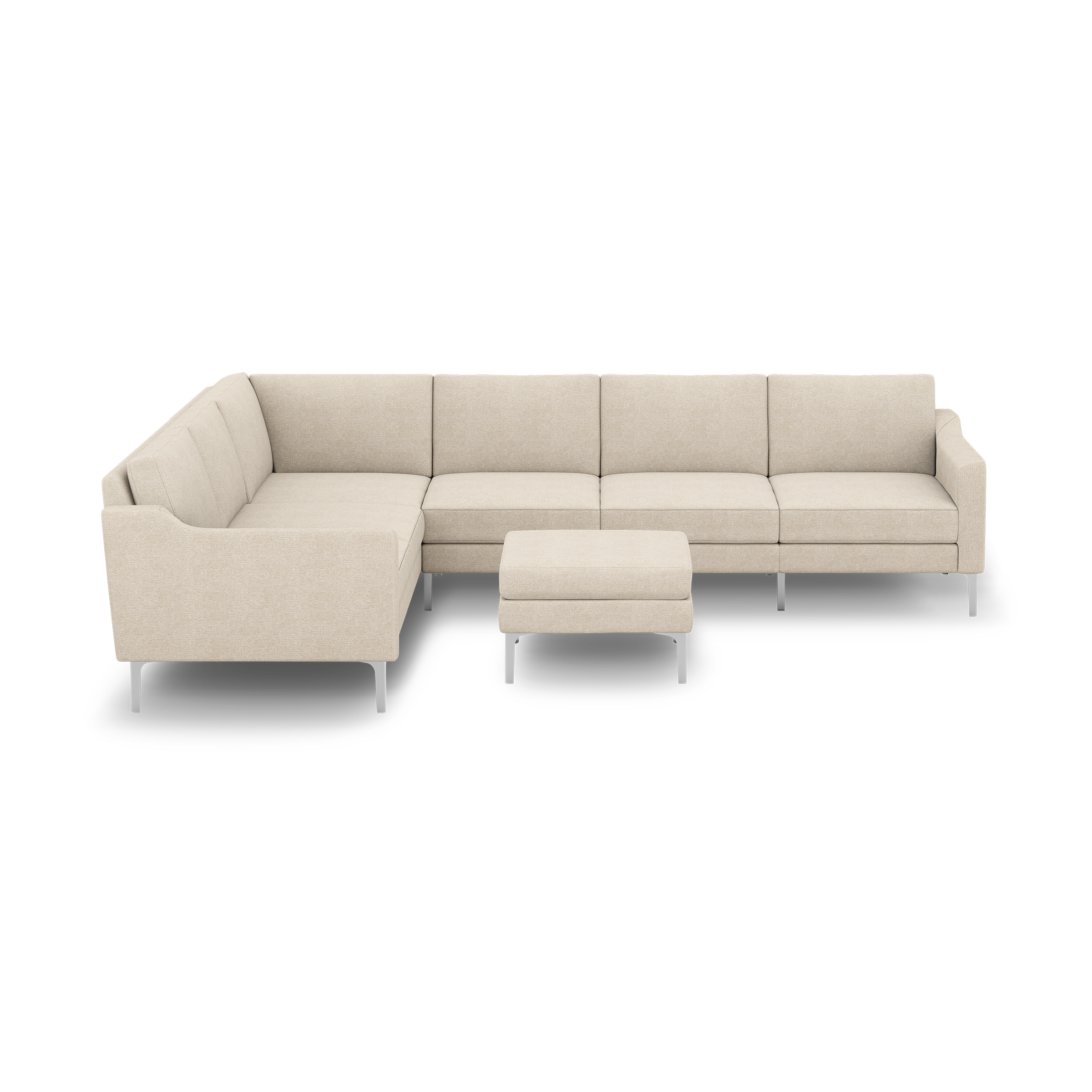 Beige modern L-shaped sectional sofa with a matching ottoman, featuring clean lines and metal legs against a black background.