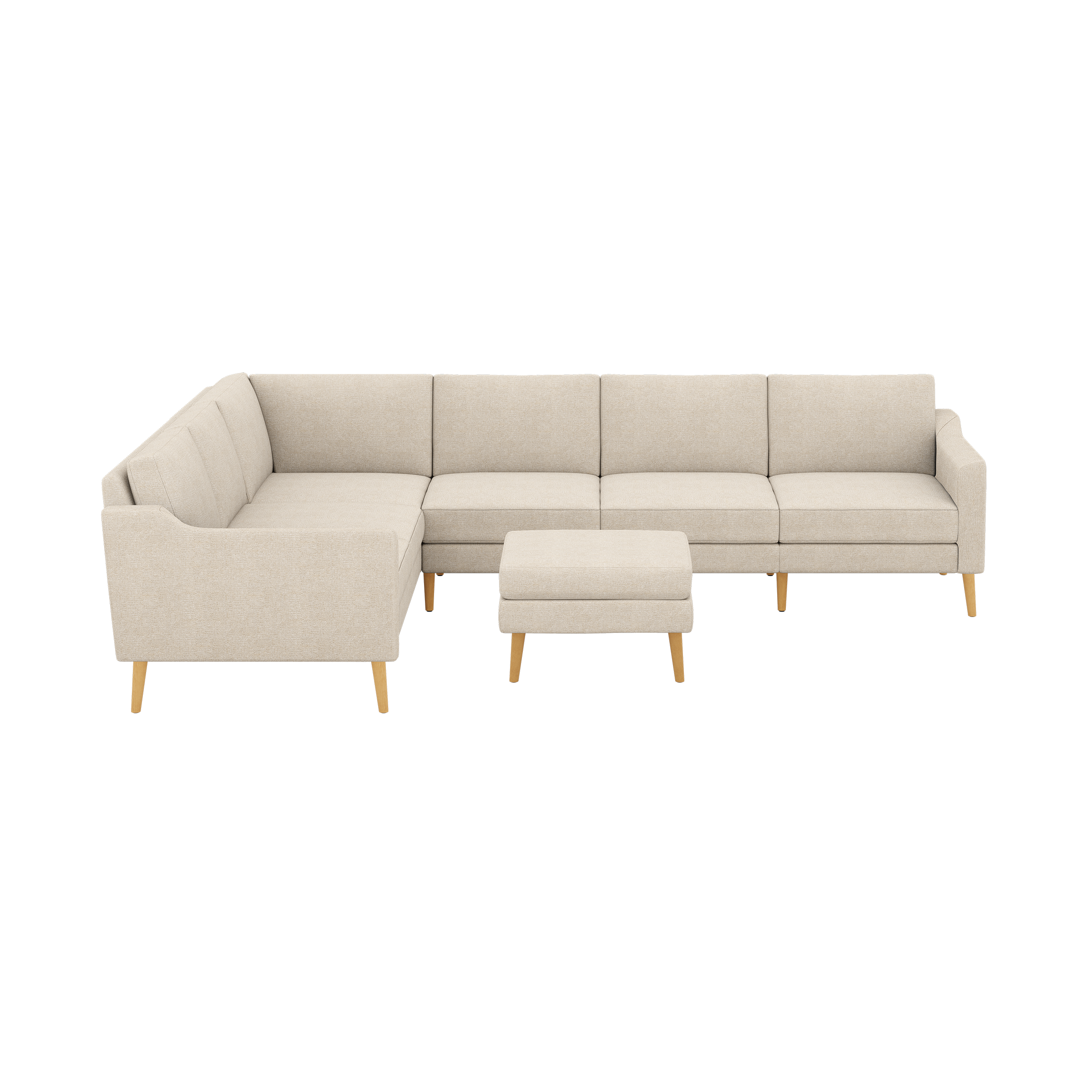 Beige L-shaped sectional sofa with matching ottoman, featuring clean lines and wooden tapered legs.