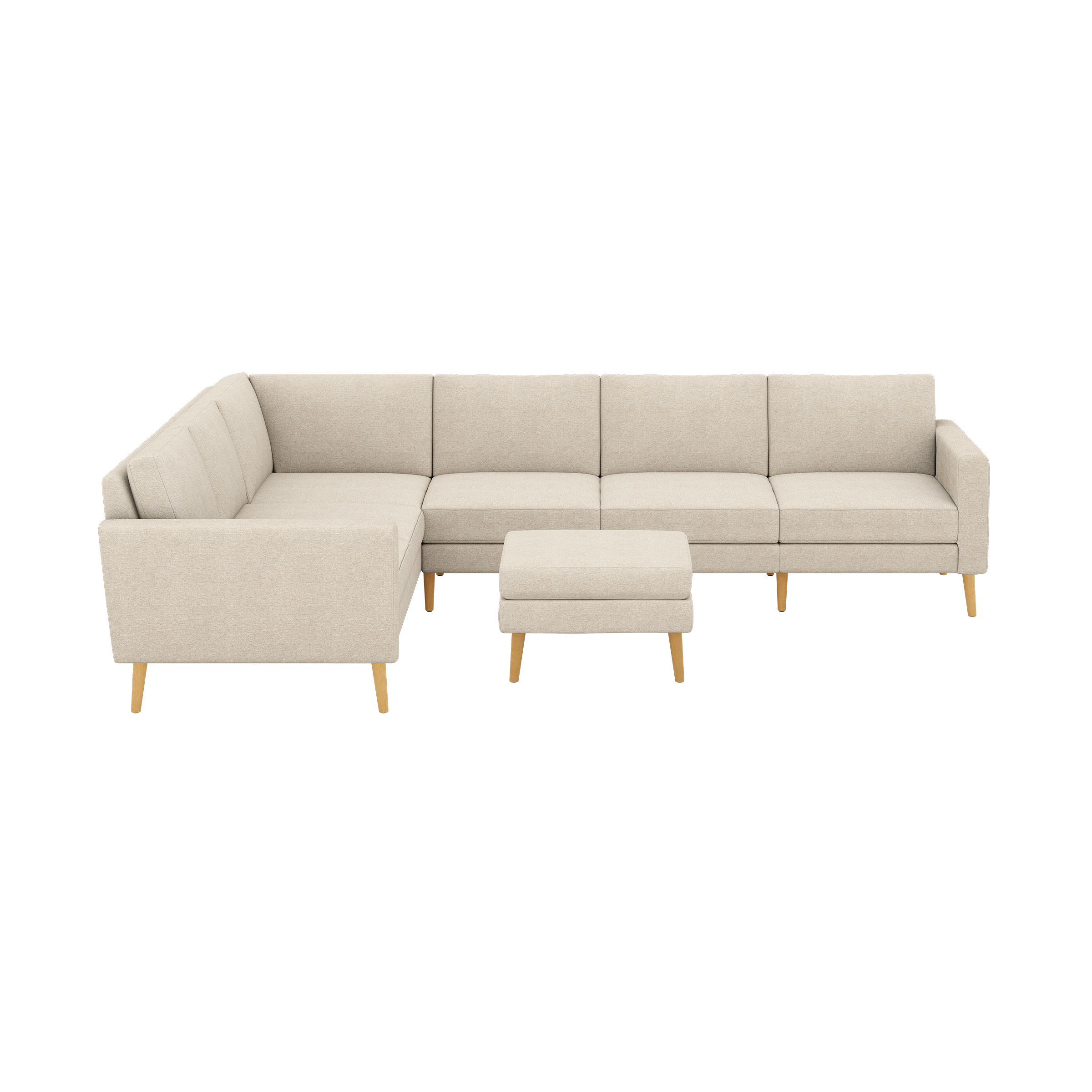 Beige L-shaped sectional sofa with wooden legs and matching rectangular ottoman, featuring clean lines and modern design.