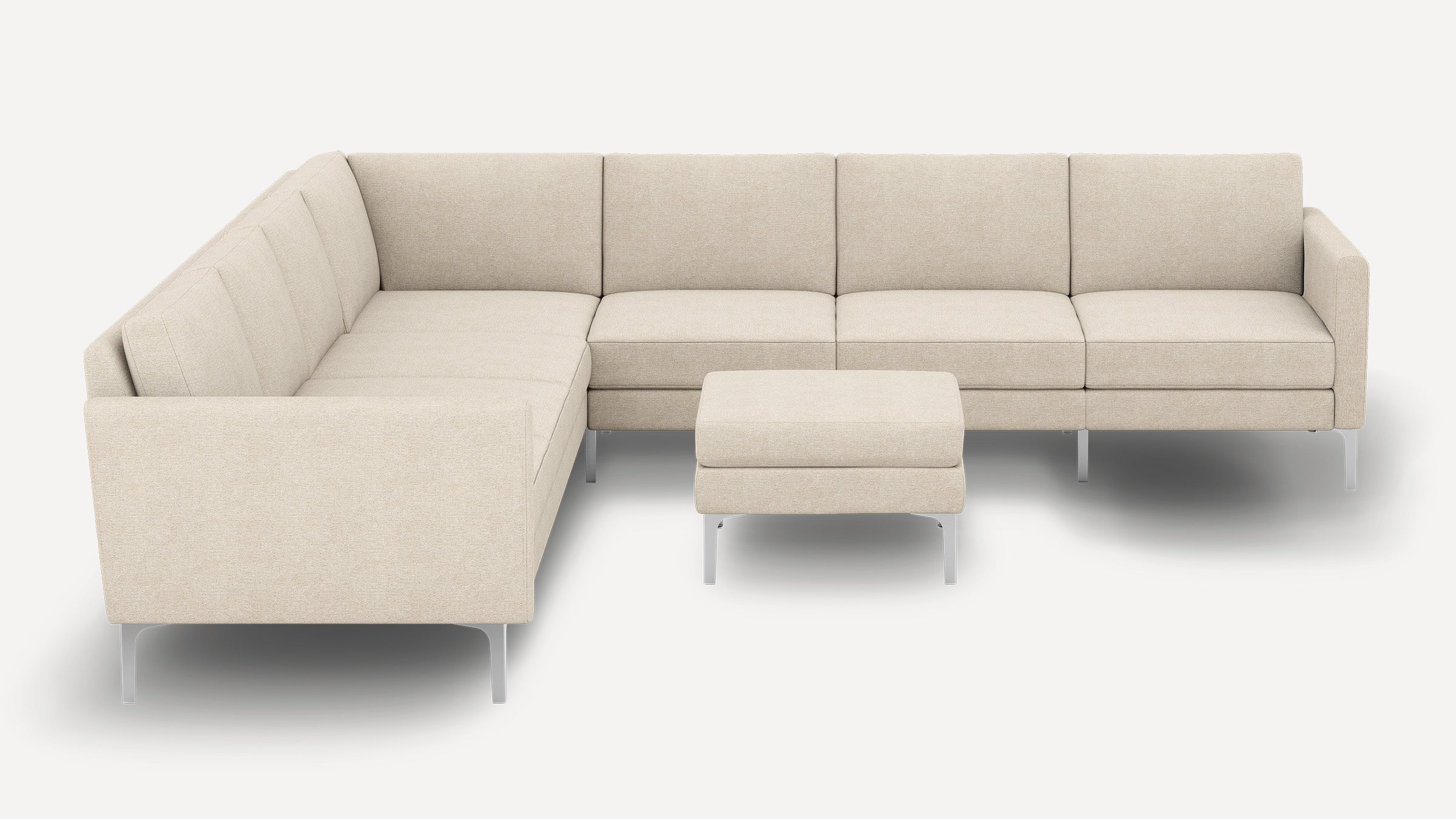 Beige L-shaped sectional sofa with metal legs and matching ottoman, featuring clean lines and modern design.
