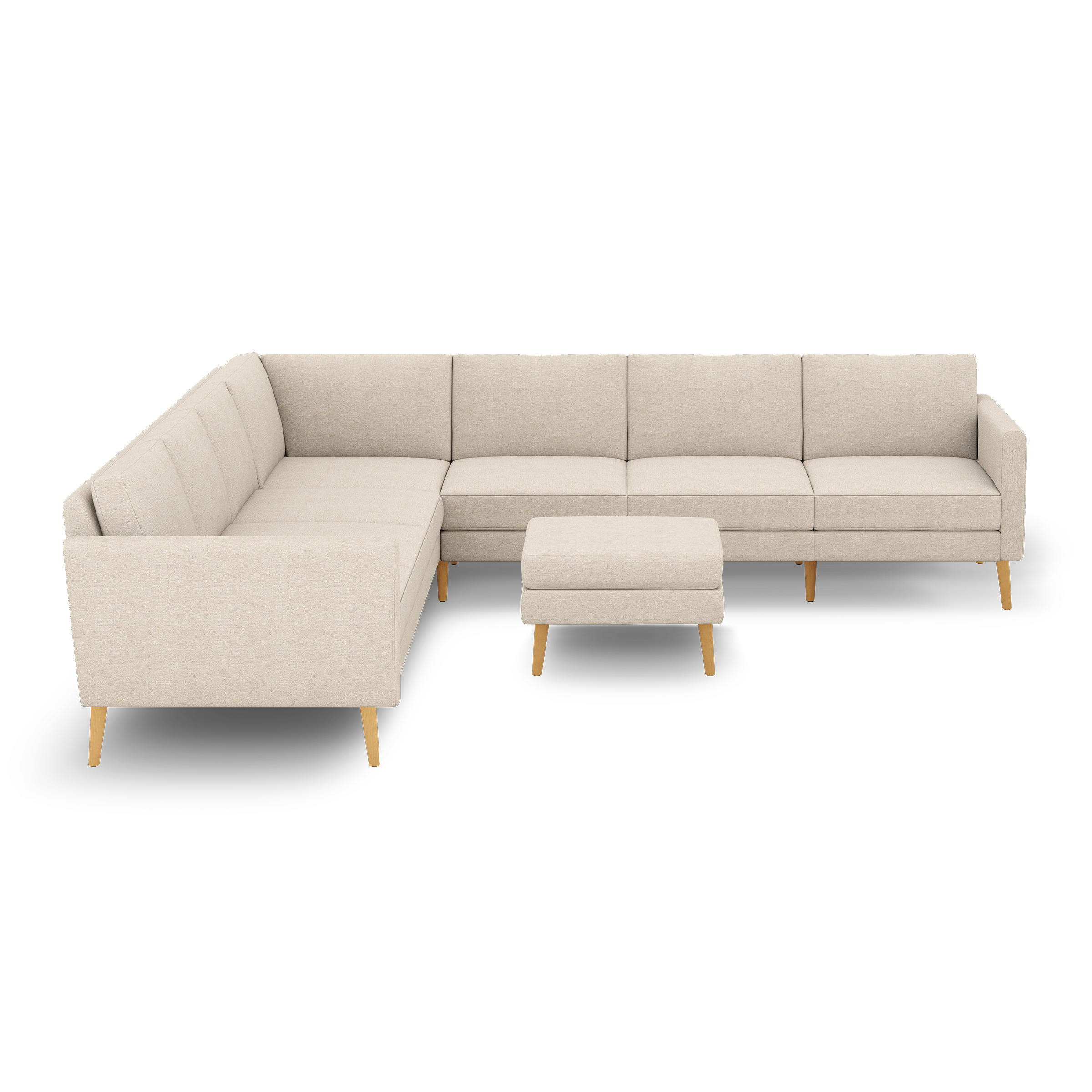 Beige L-shaped sectional sofa with tufted cushions, wooden legs, and a matching ottoman, modern minimalist design.