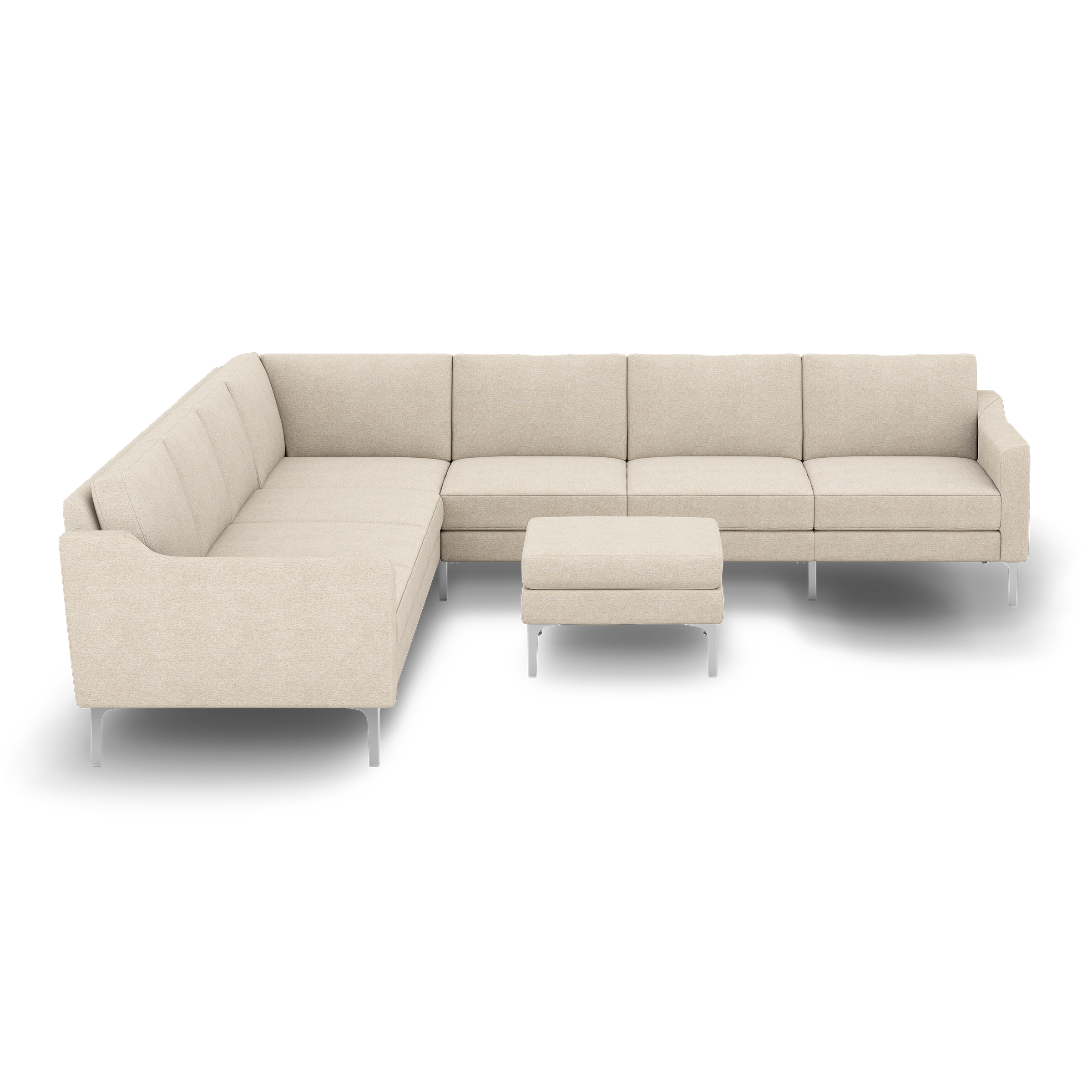 Beige L-shaped sectional sofa with matching ottoman, tufted cushions, and slim metal legs on a black background.