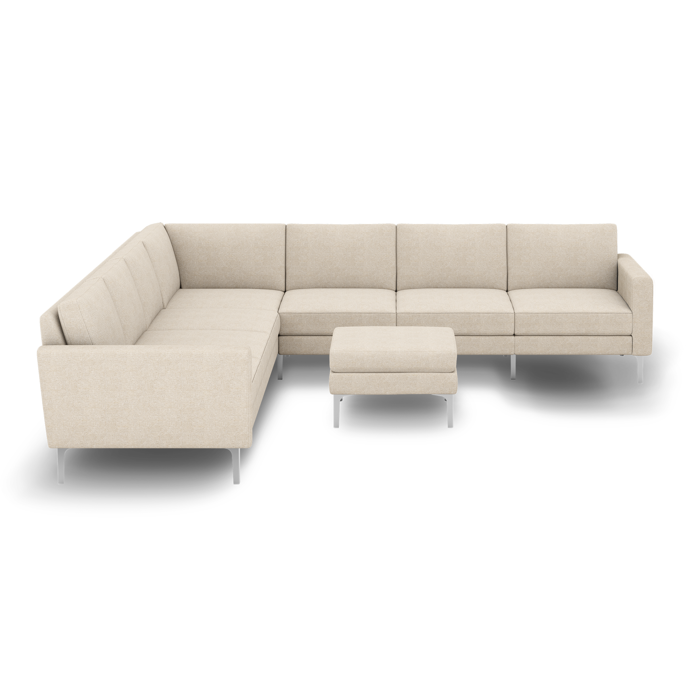 Beige L-shaped sectional sofa with tufted cushions, metal legs, and matching ottoman on black background.