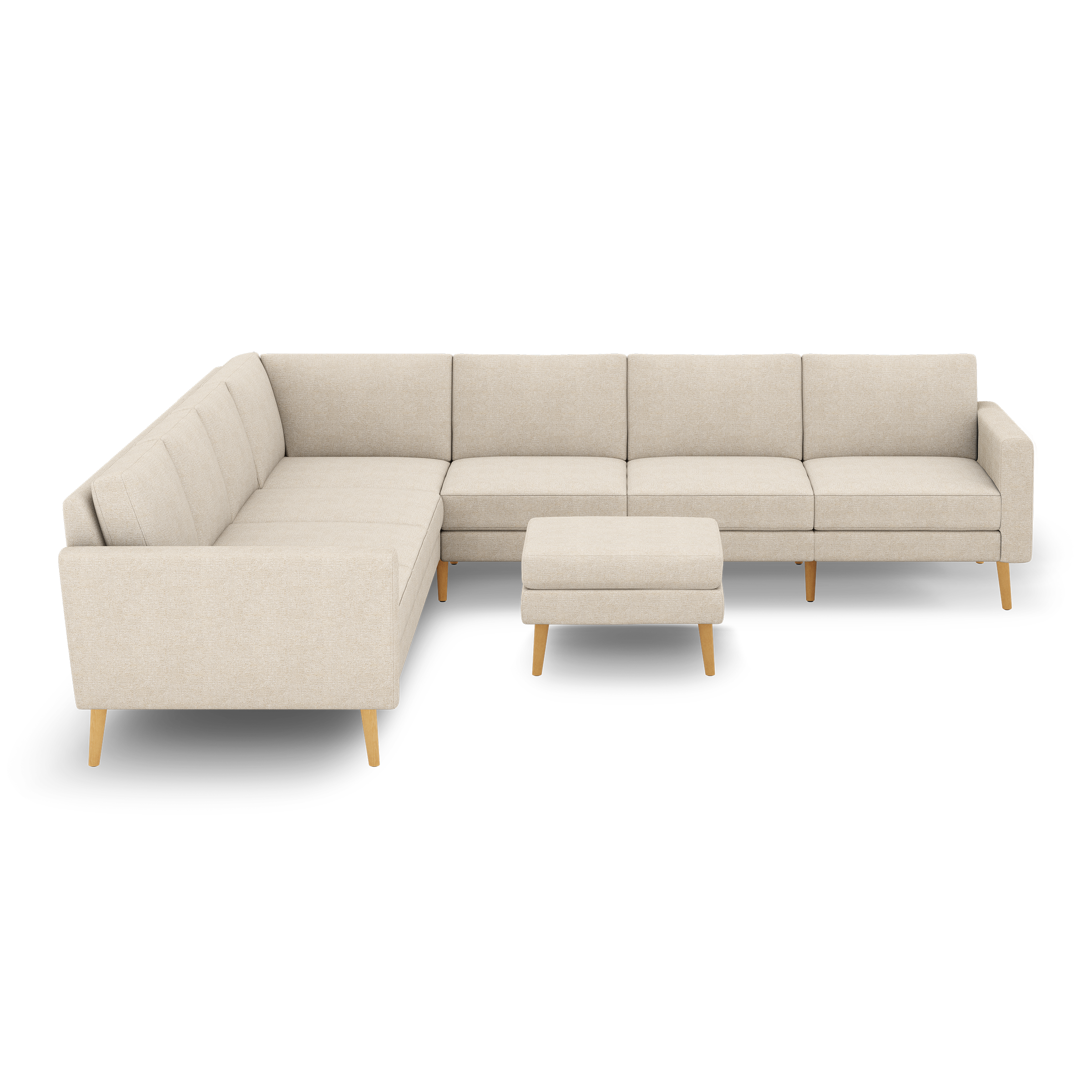 Beige sectional sofa with wooden legs and matching ottoman, featuring clean lines and modern, minimalist design.