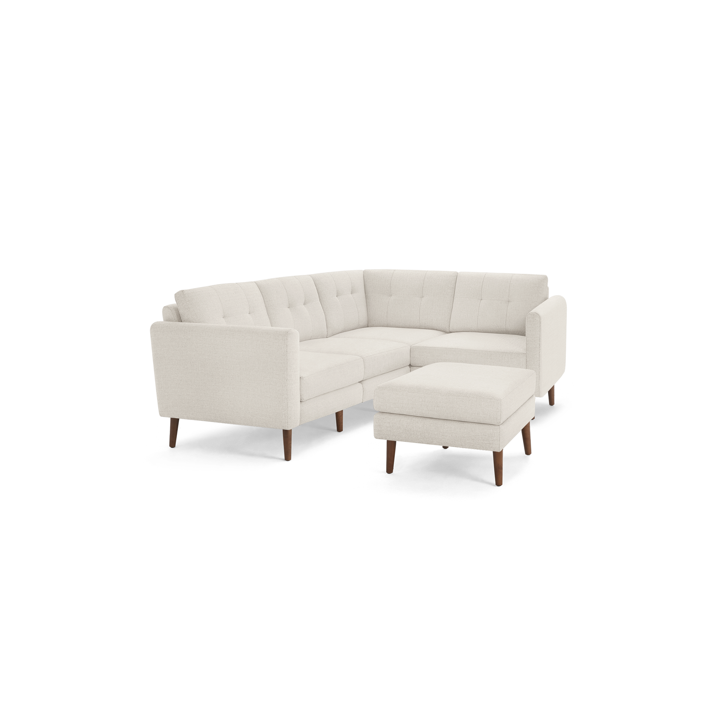 Light beige modern tufted fabric sectional sofa with wooden legs and a matching ottoman, shown on a black background.