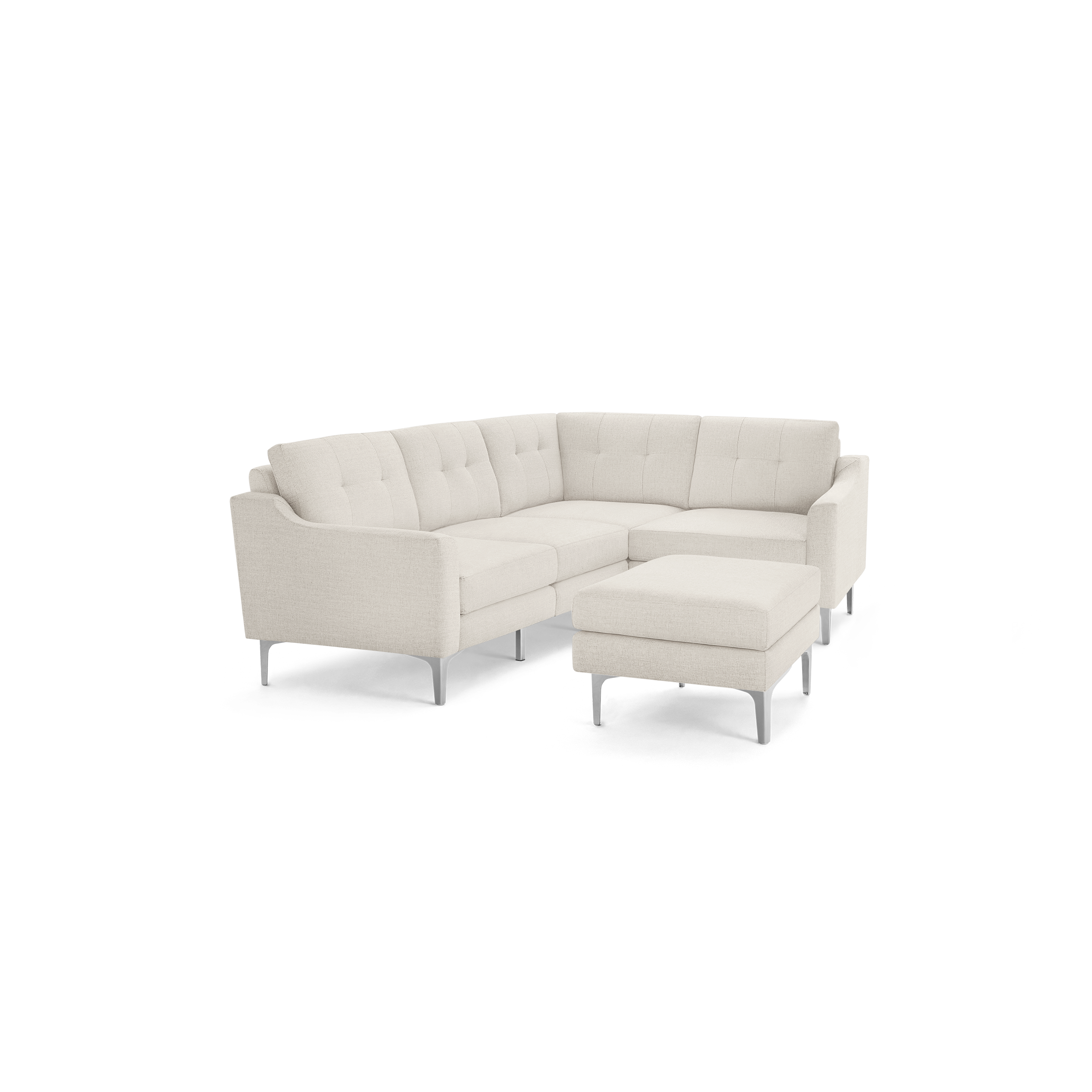 Light beige upholstered modern sectional sofa with tufted back cushions and matching ottoman on metal legs.