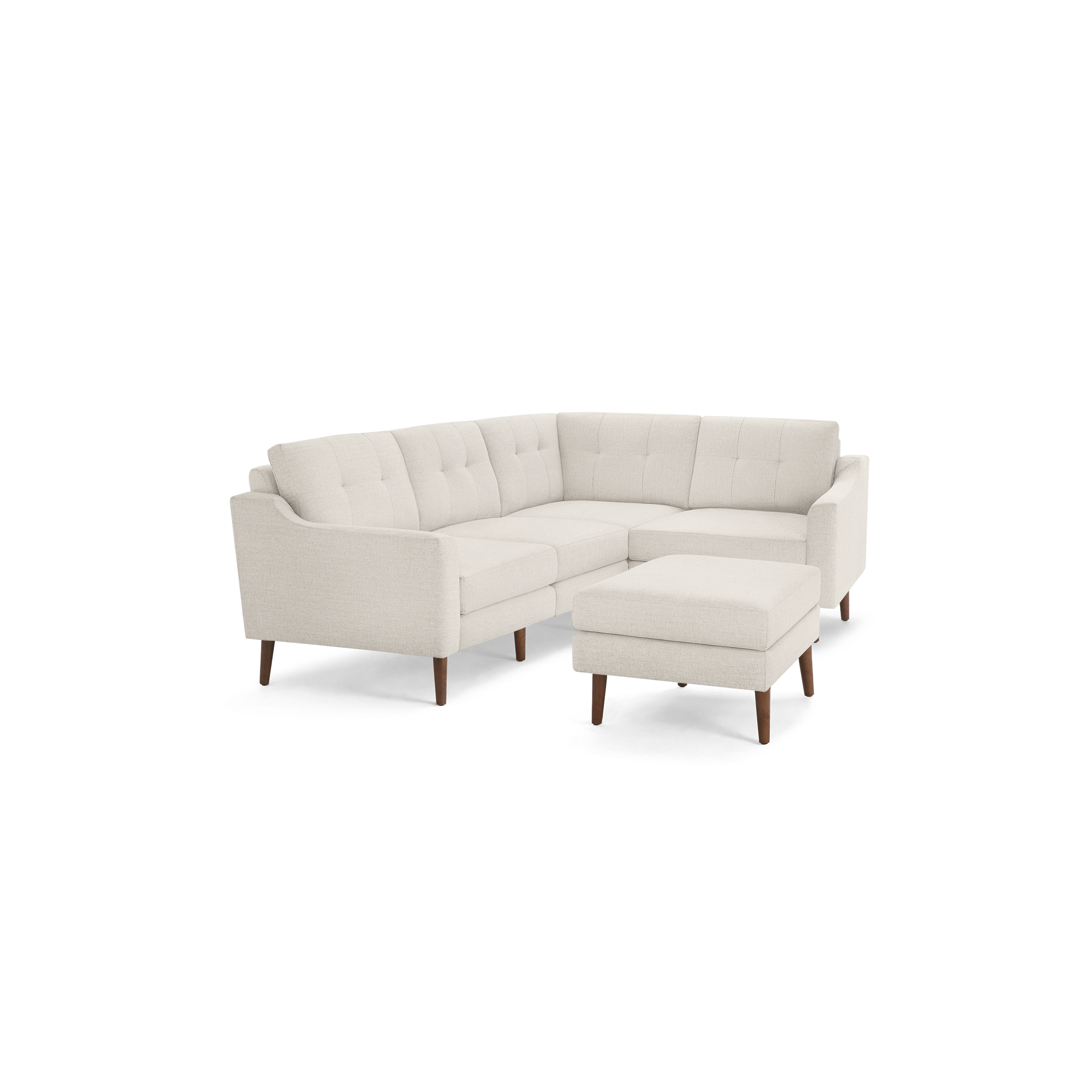 Light beige L-shaped sectional sofa with tufted back cushions, wooden legs, and matching ottoman, modern minimalist design.