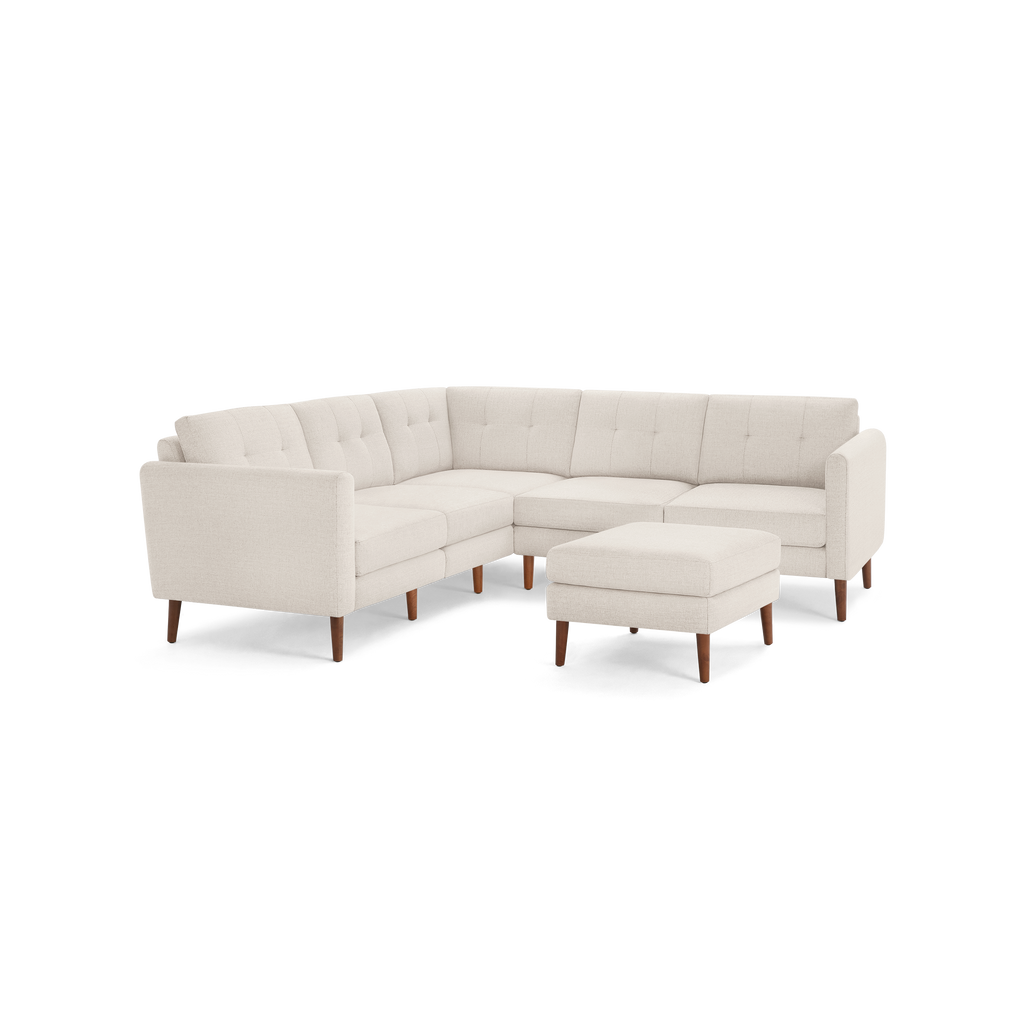Nomad 5-Seat Corner Sectional with Ottoman - Ivory - Performance Basketweave / Walnut - Wood / Arch
