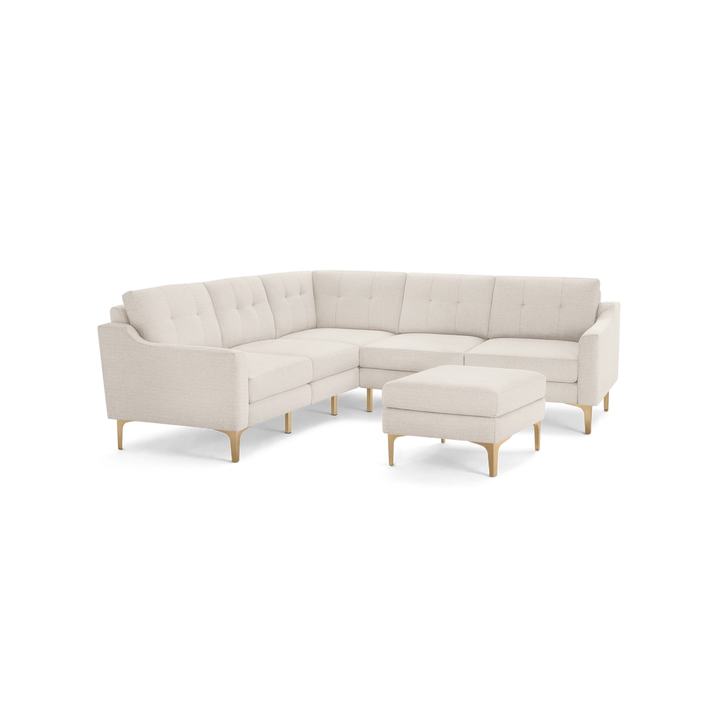 Nomad 5-Seat Corner Sectional with Ottoman - Ivory - Performance Basketweave / Brass - Metal / Slope
