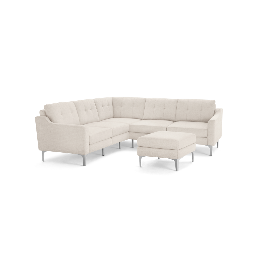 Nomad 5-Seat Corner Sectional with Ottoman - Ivory - Performance Basketweave / Chrome - Metal / Slope