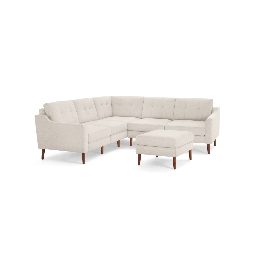 Nomad 5-Seat Corner Sectional with Ottoman - Ivory - Performance Basketweave / Walnut - Wood / Slope