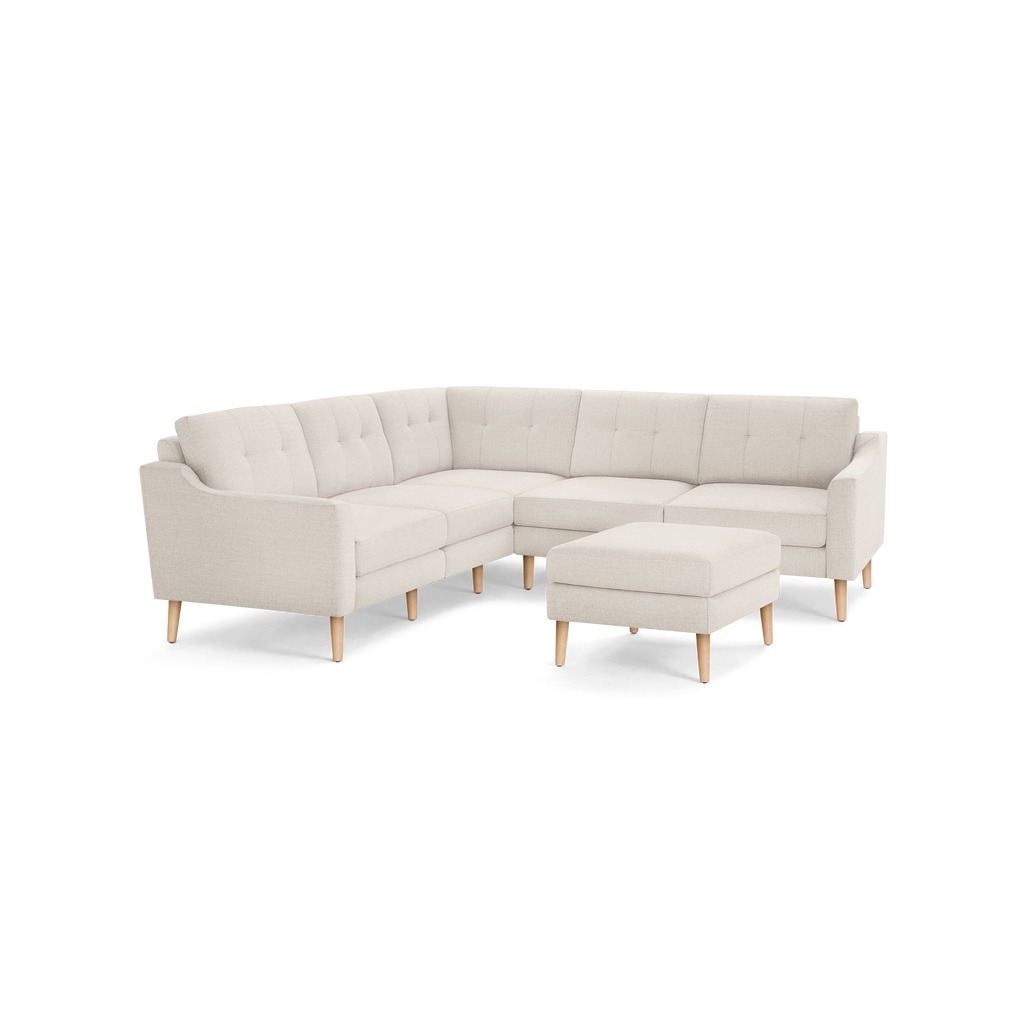 Nomad 5-Seat Corner Sectional with Ottoman - Ivory - Performance Basketweave / Oak - Wood / Slope
