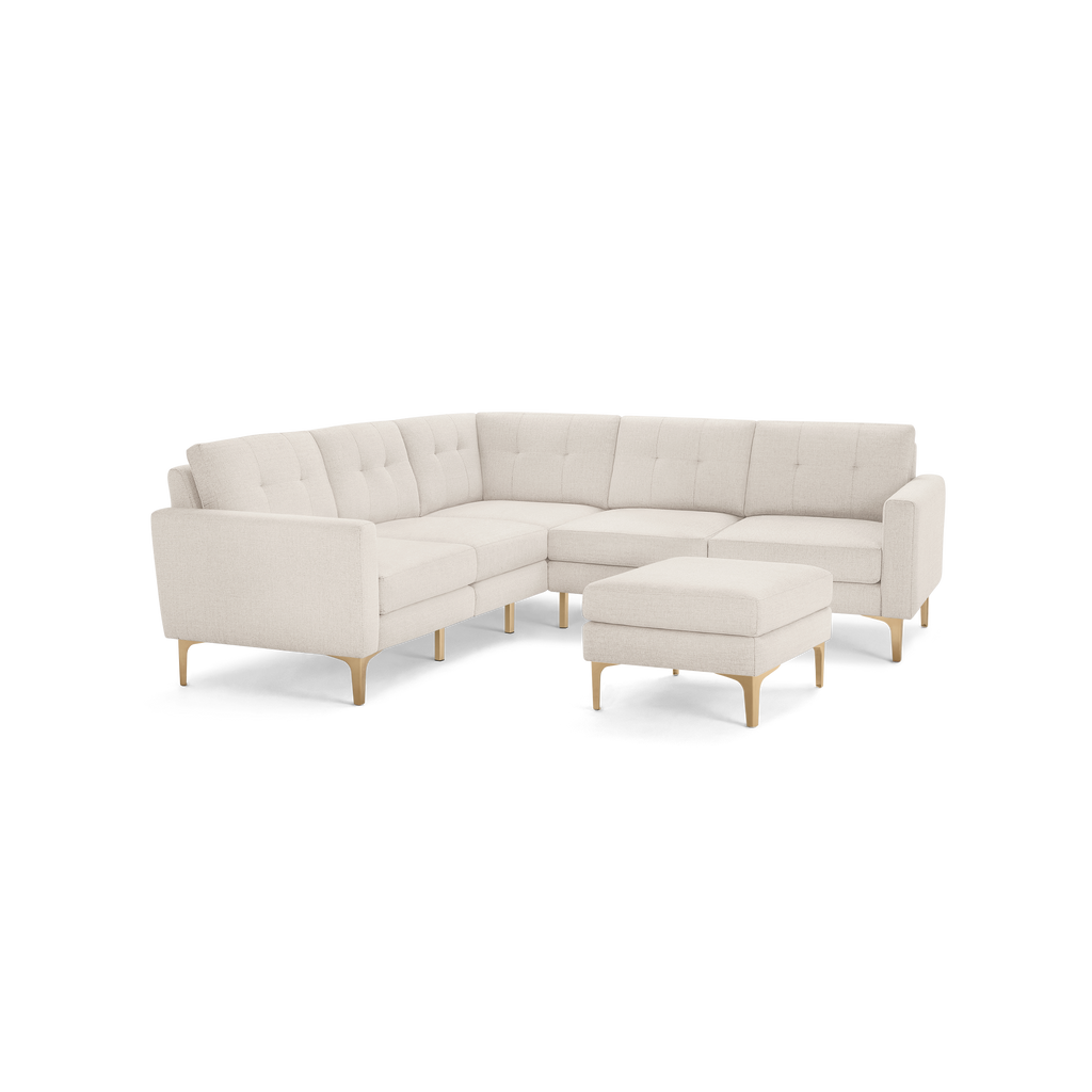 Nomad 5-Seat Corner Sectional with Ottoman - Ivory - Performance Basketweave / Brass - Metal / Block