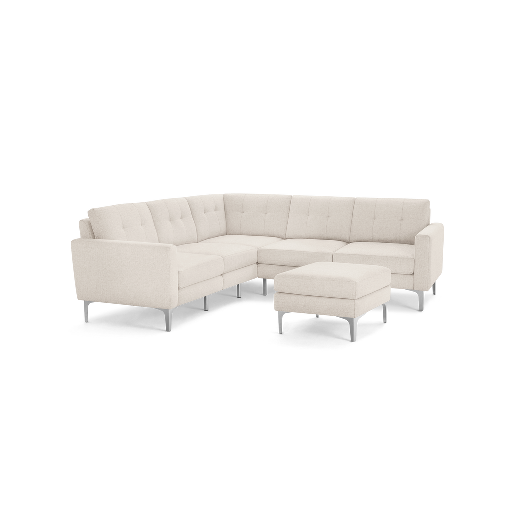 Nomad 5-Seat Corner Sectional with Ottoman - Ivory - Performance Basketweave / Chrome - Metal / Block