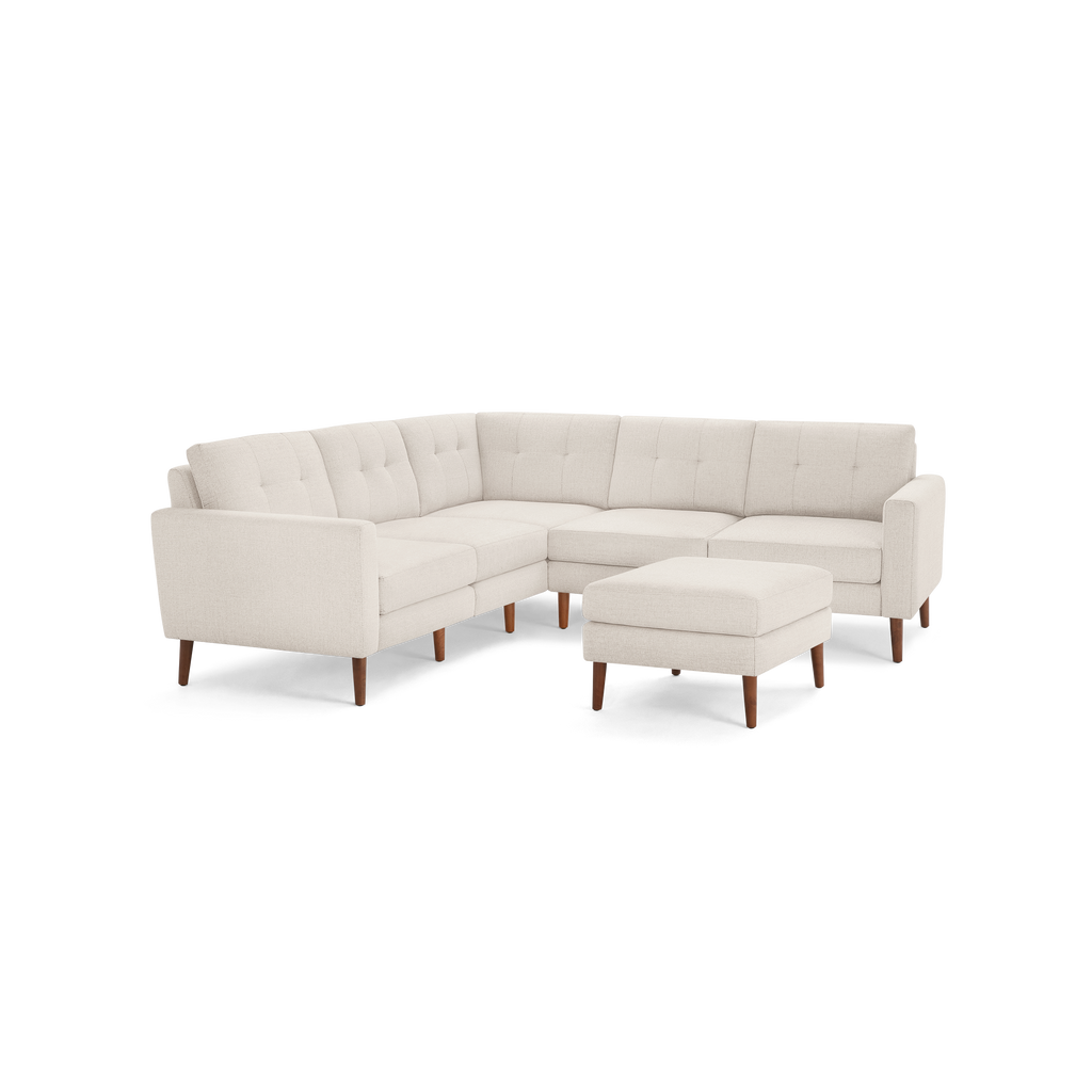 Nomad 5-Seat Corner Sectional with Ottoman - Ivory - Performance Basketweave / Walnut - Wood / Block