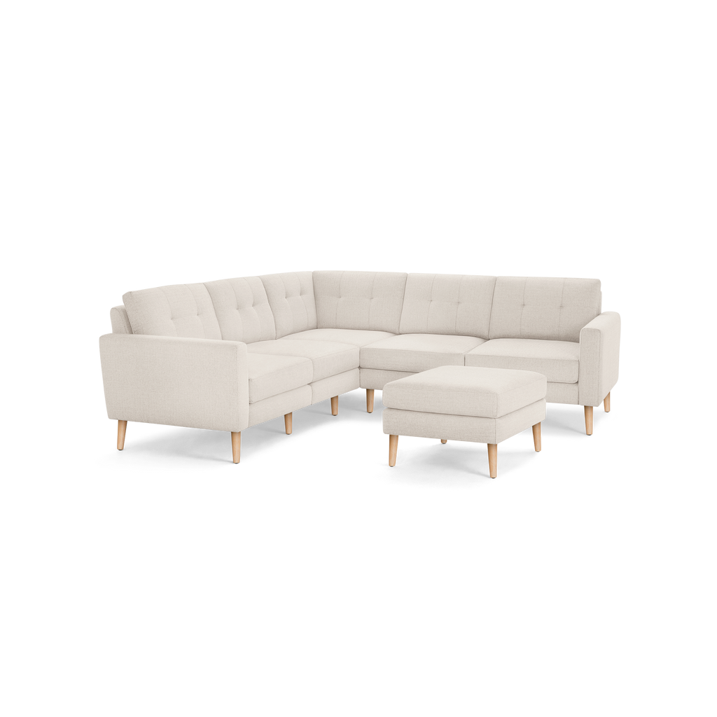 Nomad 5-Seat Corner Sectional with Ottoman - Ivory - Performance Basketweave / Oak - Wood / Block