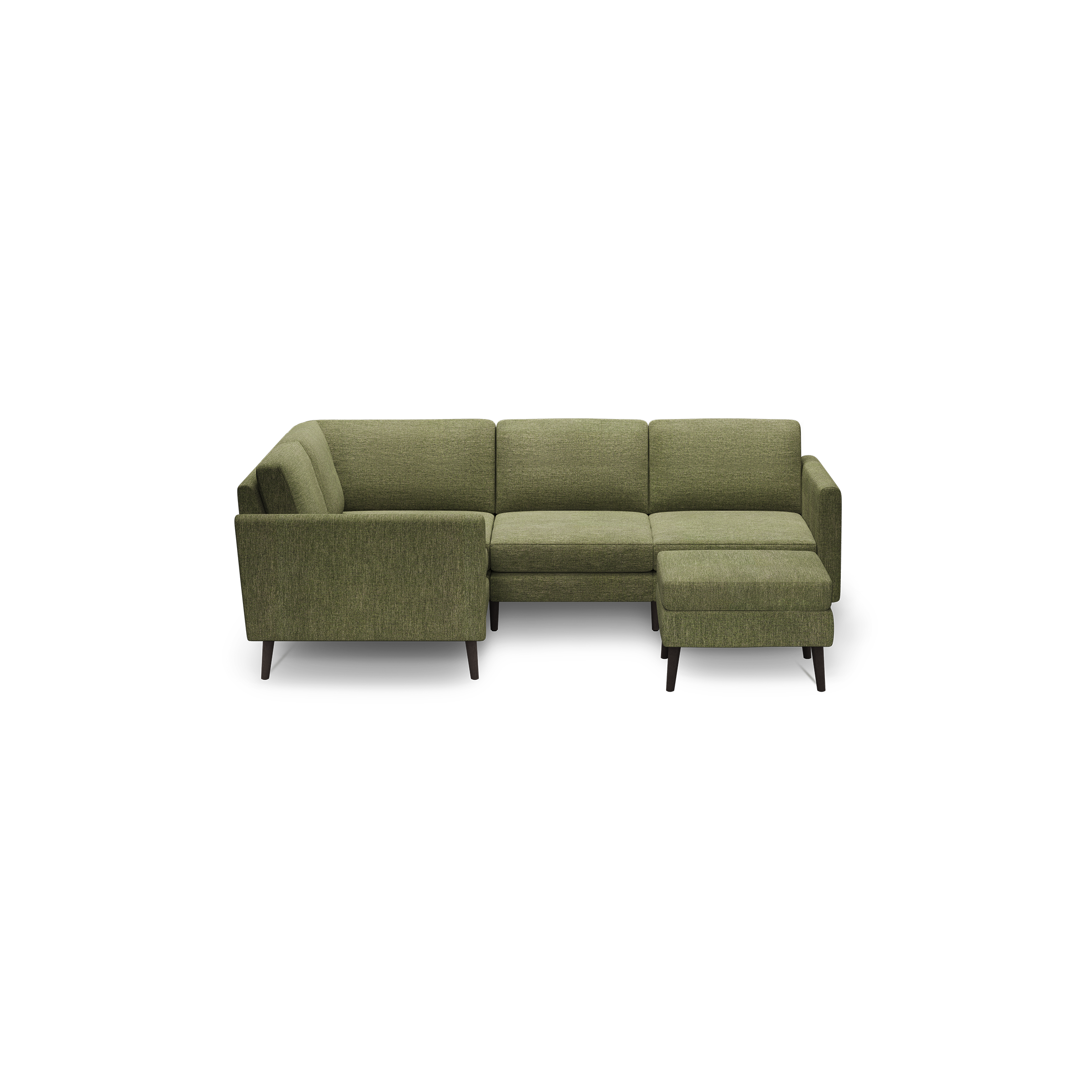 Modern L-shaped sectional sofa in muted olive green fabric with sleek armrests and black tapered legs on black background.