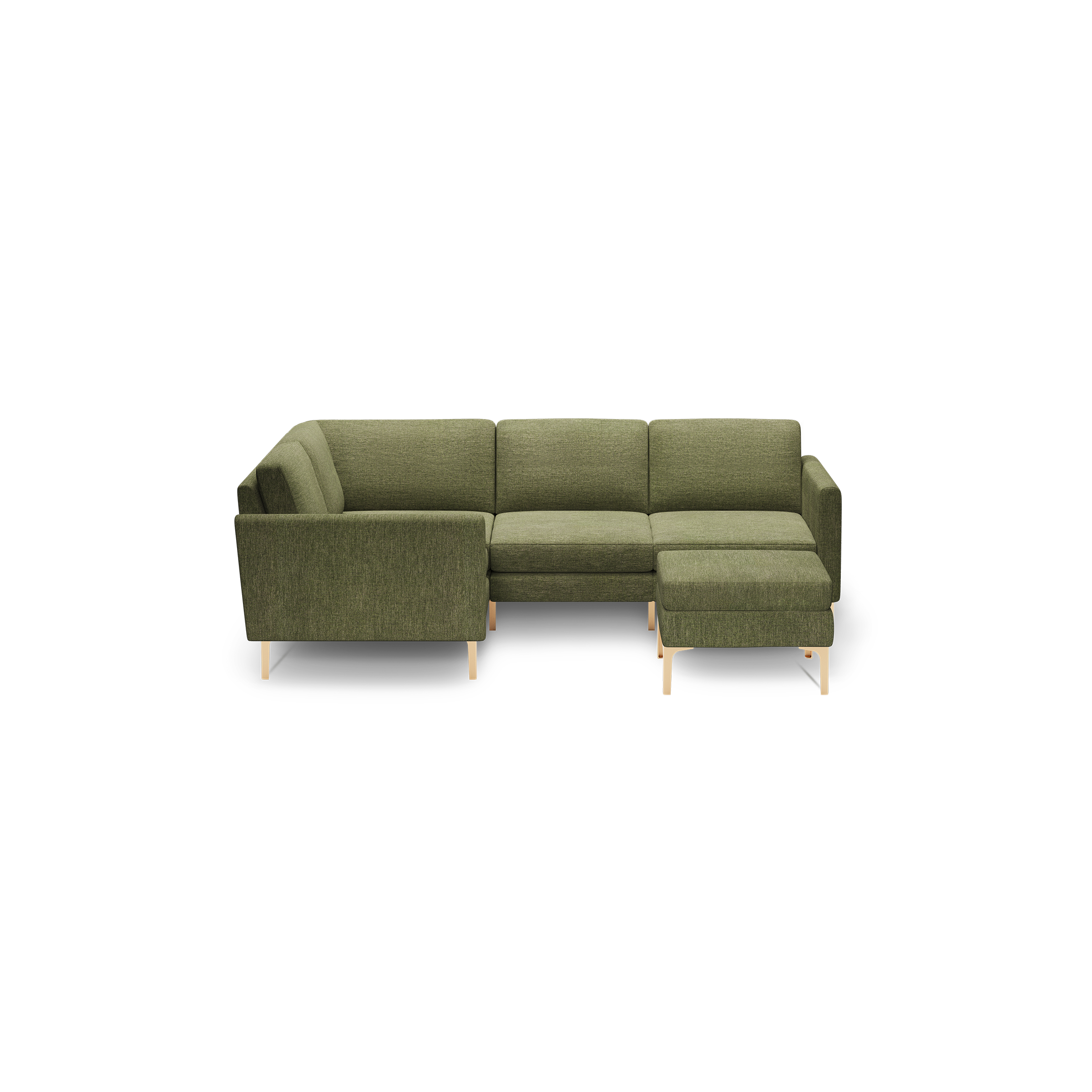 Green fabric L-shaped sectional sofa with wooden legs, featuring three seat cushions and an extended chaise lounge on the right side.