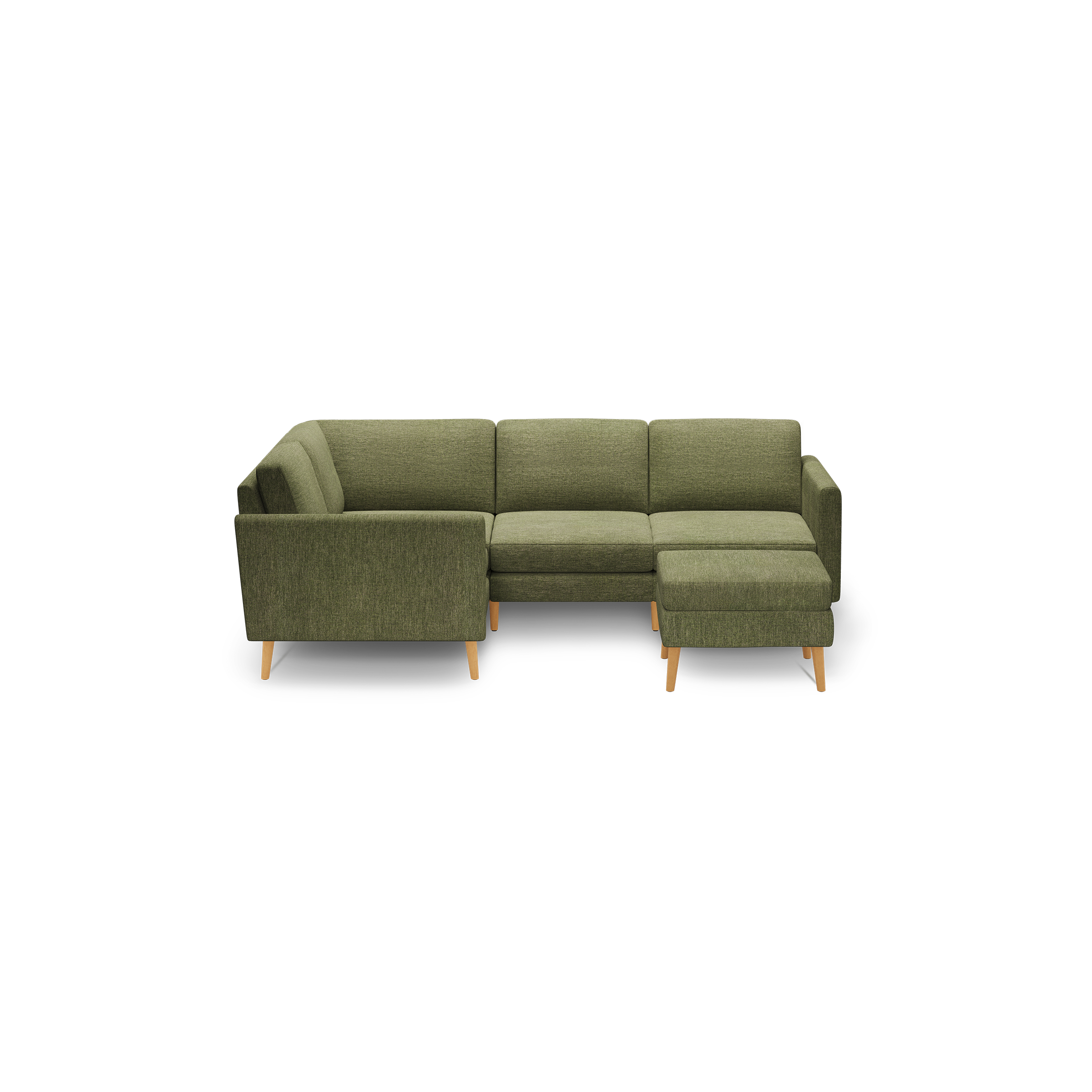 Olive green L-shaped sectional sofa with wooden legs, featuring cushioned seats and backrests, ideal for modern living rooms.