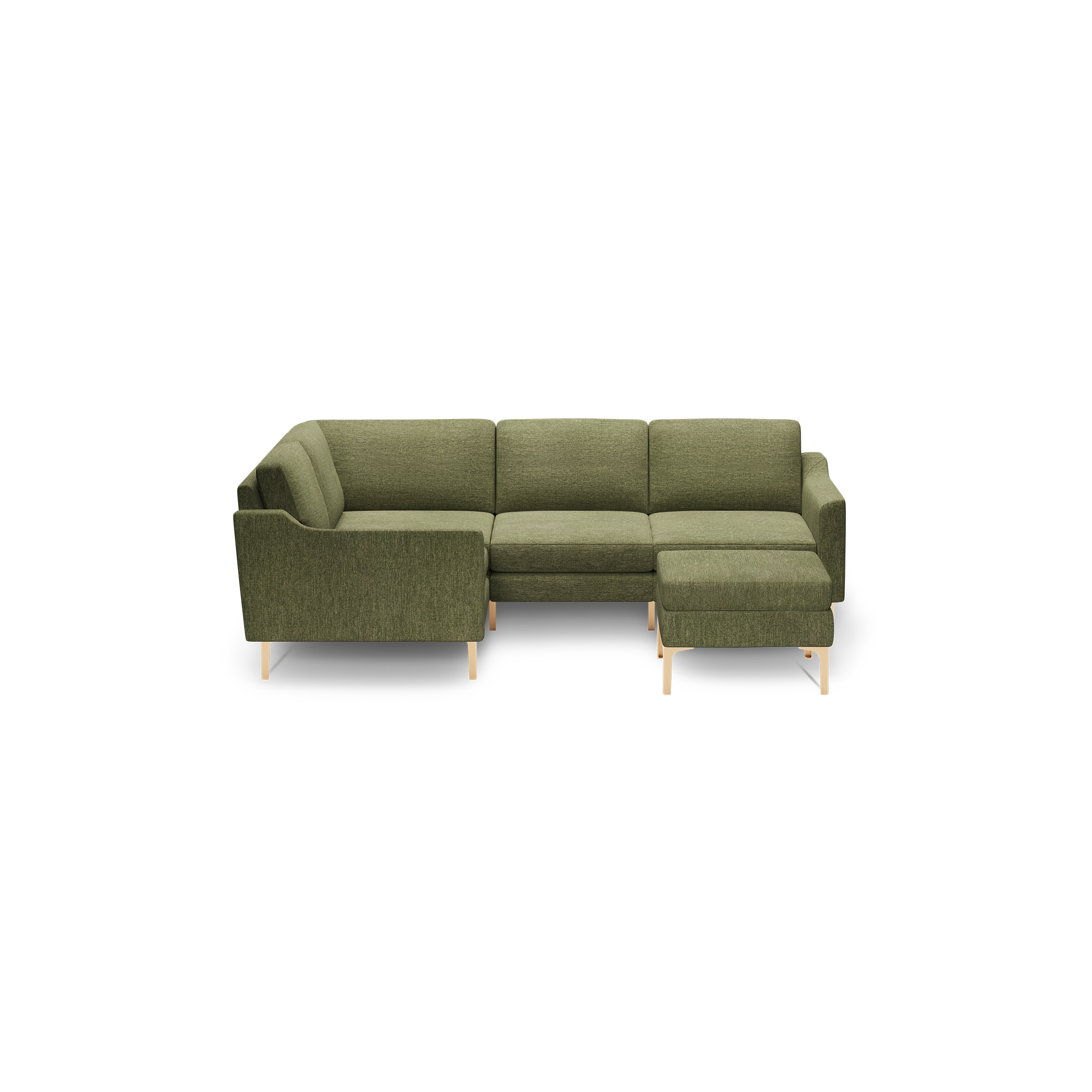 Olive green L-shaped sectional sofa with clean lines, cushioned seats, and light wooden legs.