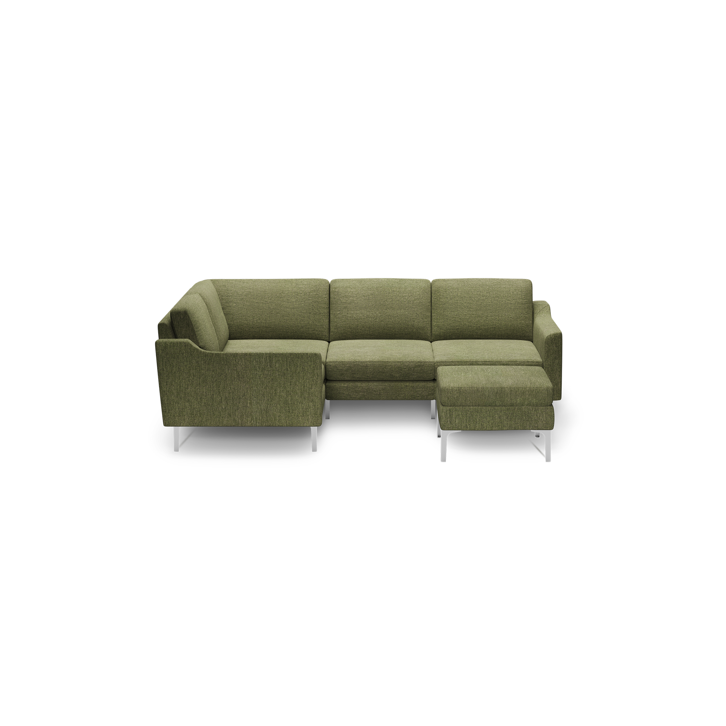 Modern L-shaped sectional sofa in olive green fabric with sleek silver metal legs, featuring plush cushions and clean lines.