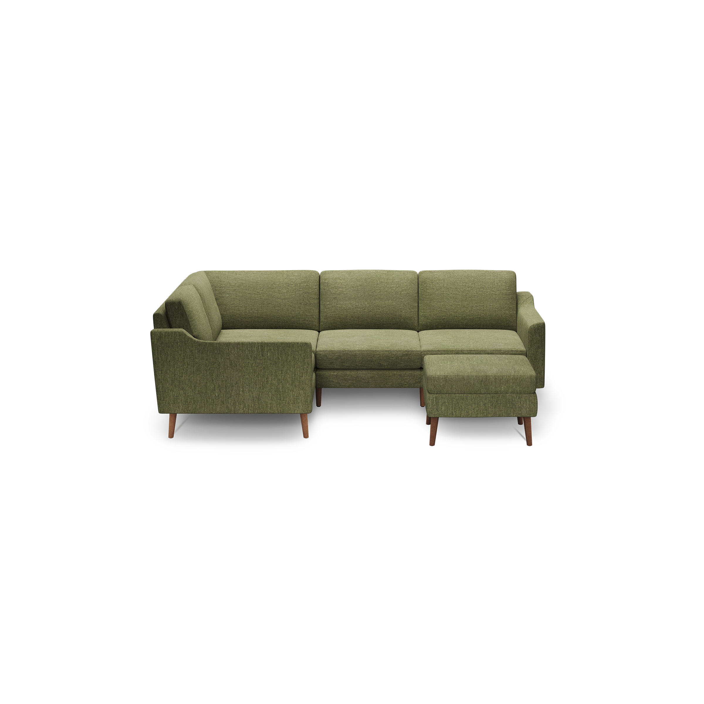 Olive green fabric L-shaped sectional sofa with wooden legs, featuring a modern minimalist design.