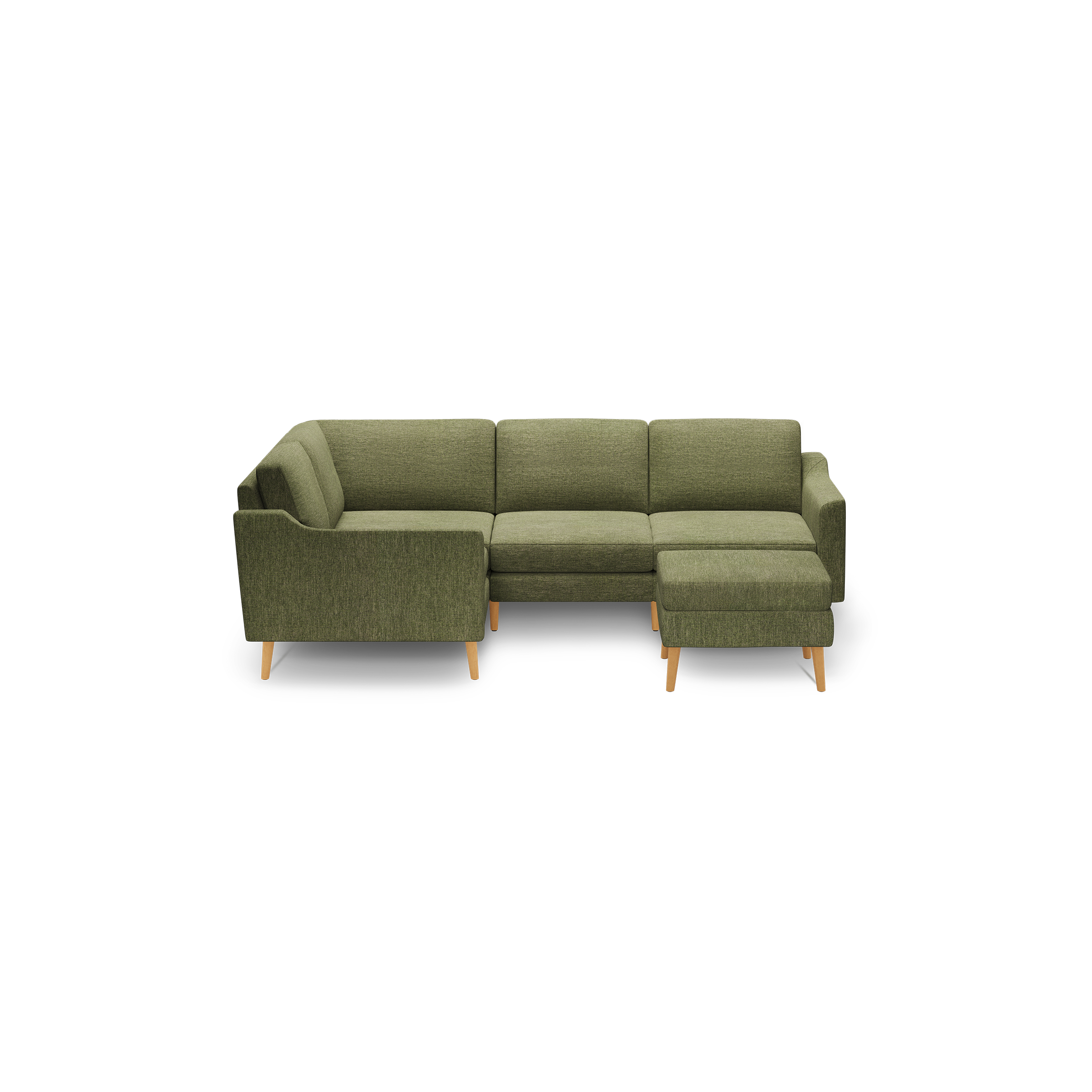 Green fabric L-shaped sectional sofa with wooden legs, featuring a left-side armrest and right chaise lounge.