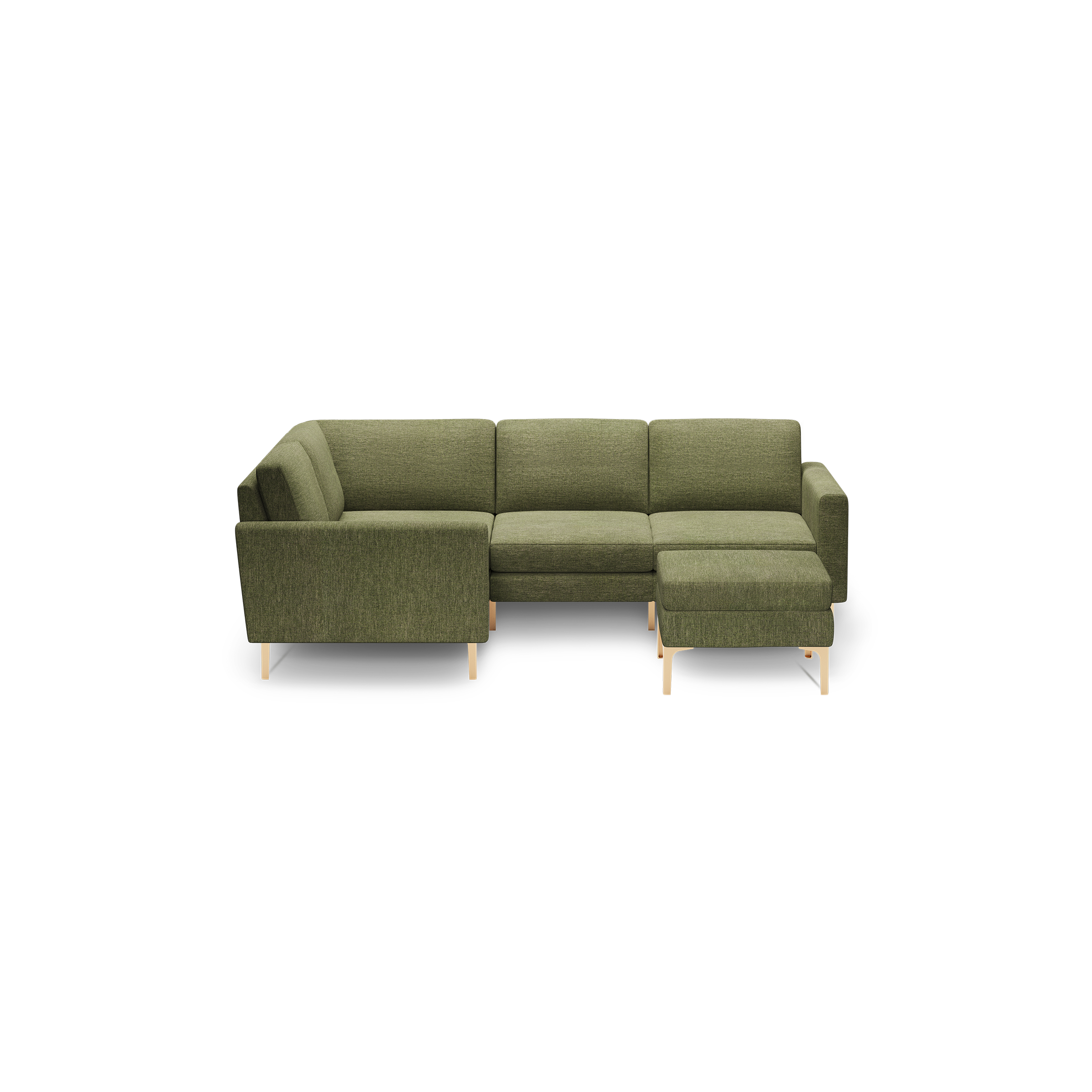 Green fabric L-shaped sectional sofa with clean lines and light wooden legs, isolated on black background.