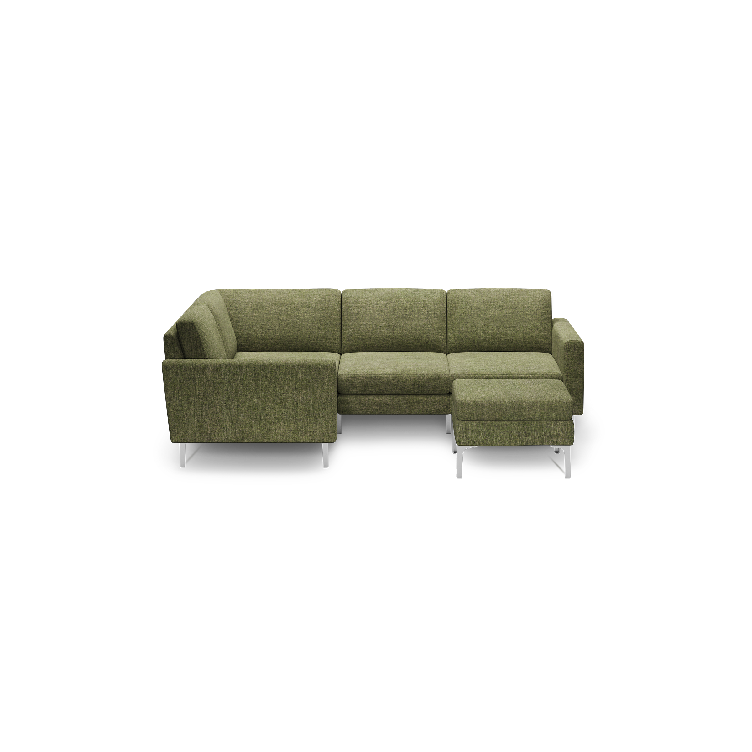 Olive green L-shaped sectional sofa with metal legs, featuring cushioned armrests and a chaise lounge on the right side.