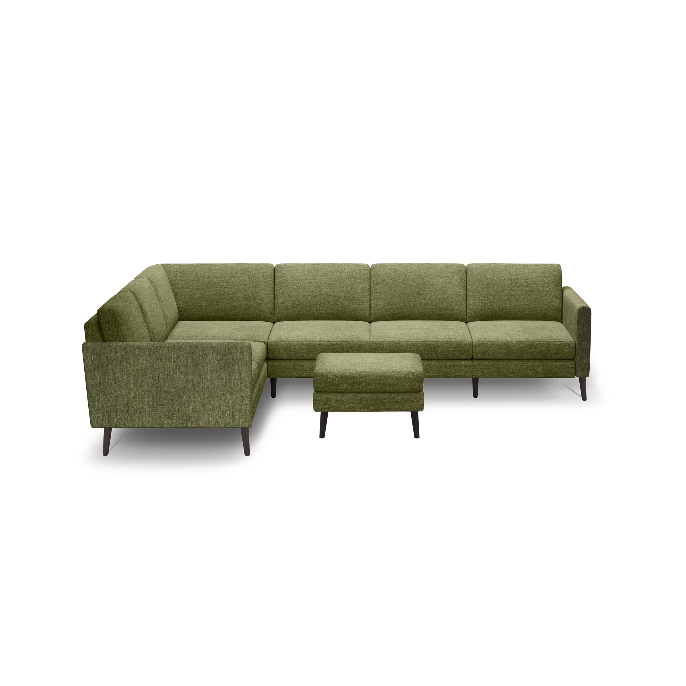 Olive green sectional sofa with an L-shape design, matching square ottoman, and dark wooden legs, set against a black background.