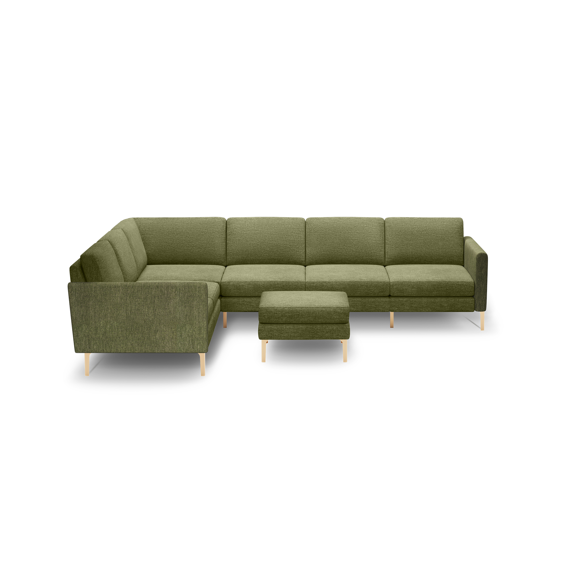 Olive green L-shaped sectional sofa with modern design, cushioned seats, backrests, and light wooden legs, paired with matching ottoman.