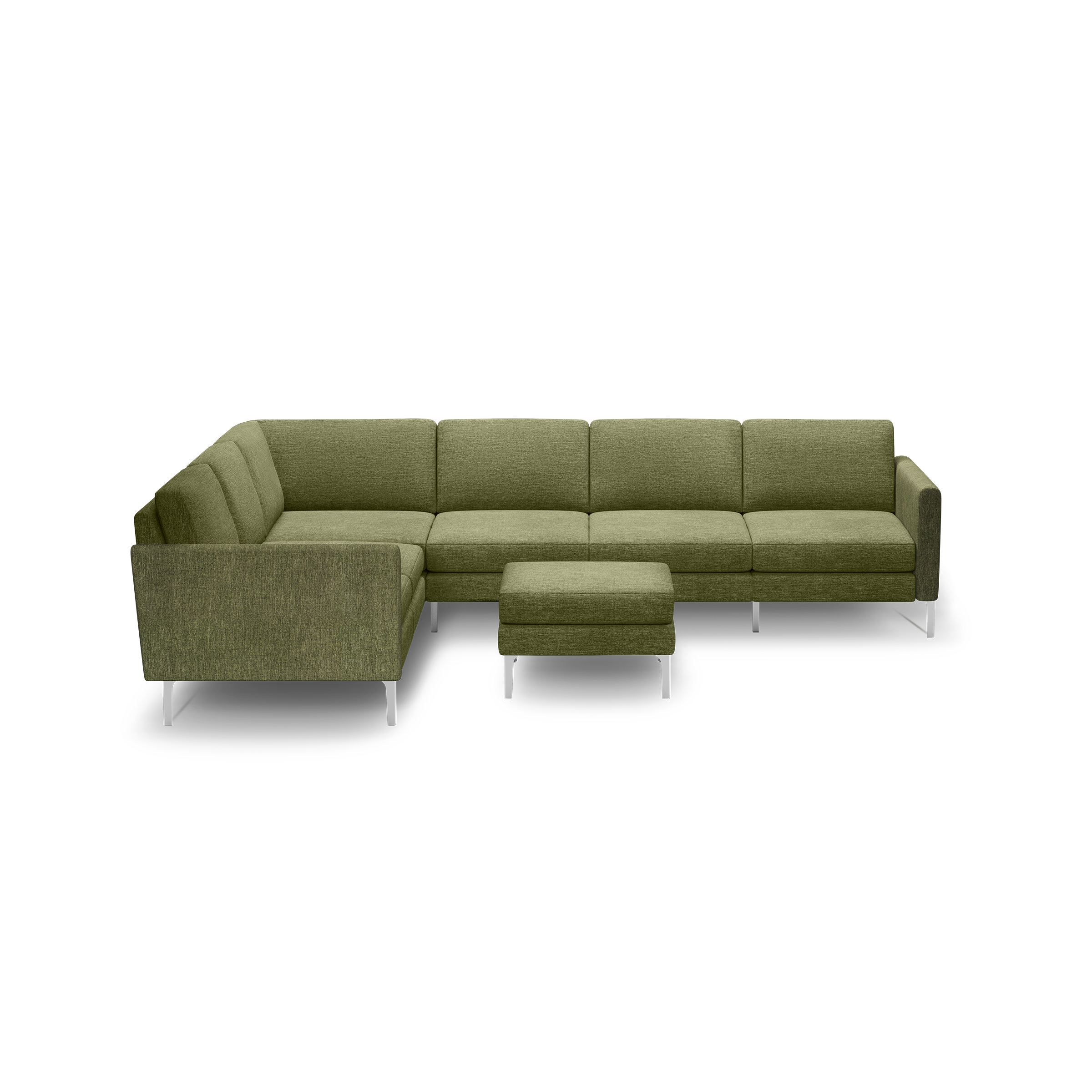 Olive green L-shaped sectional sofa with clean lines, plush cushions, and silver metal legs, accompanied by a matching ottoman.