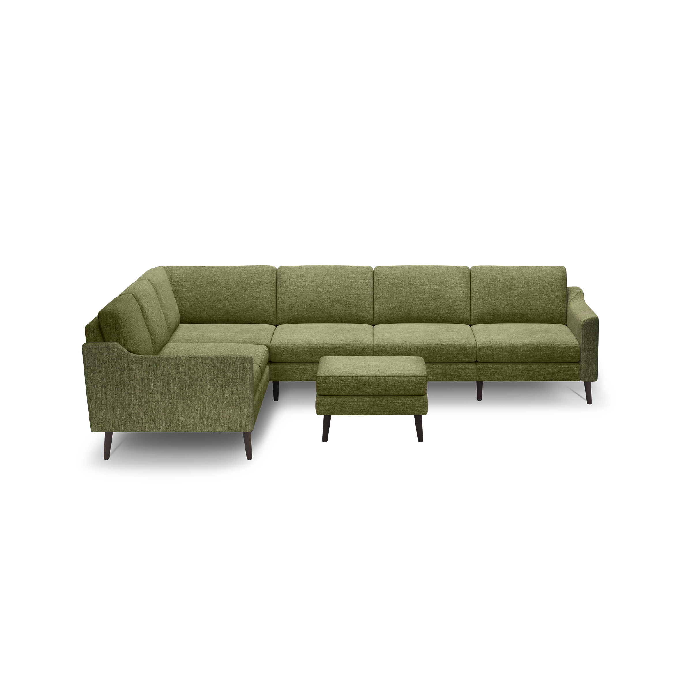Olive green L-shaped sectional sofa with tufted cushions, wooden legs, and matching ottoman on black background.