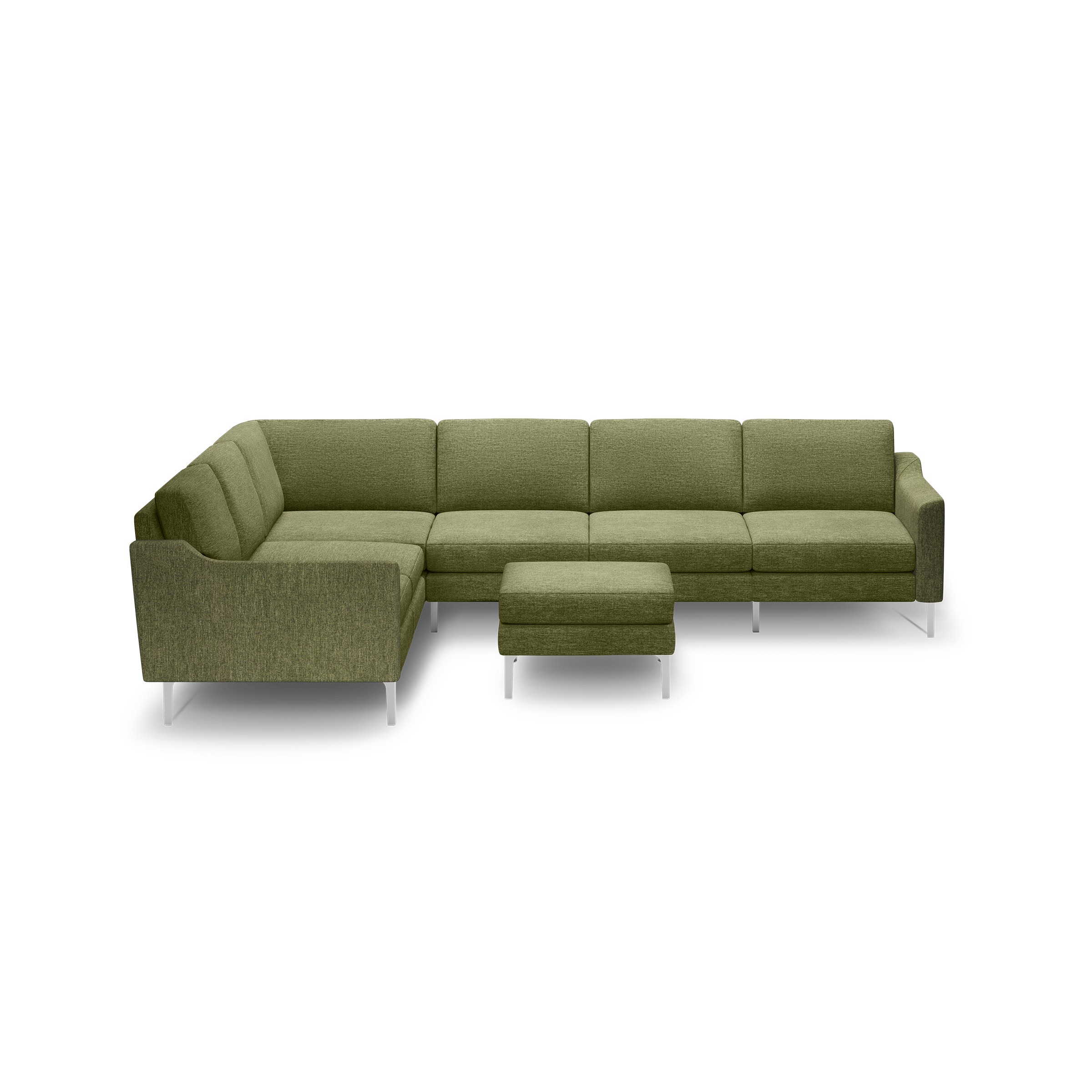 Olive green fabric sectional sofa with metal legs and matching ottoman, modern design with clean lines and cushioned seating.