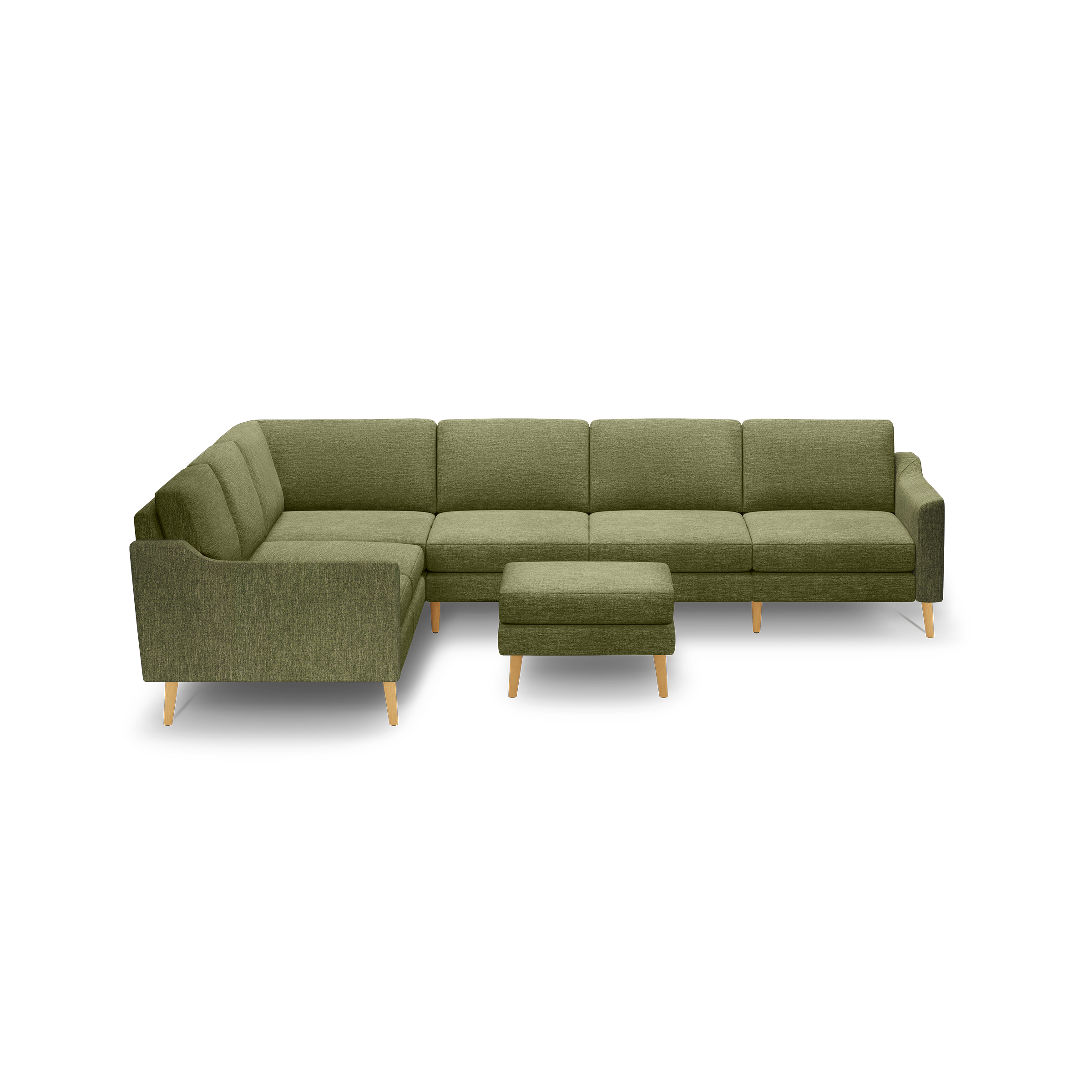 Olive green L-shaped sectional sofa with fabric upholstery, wooden legs, and a matching square ottoman.