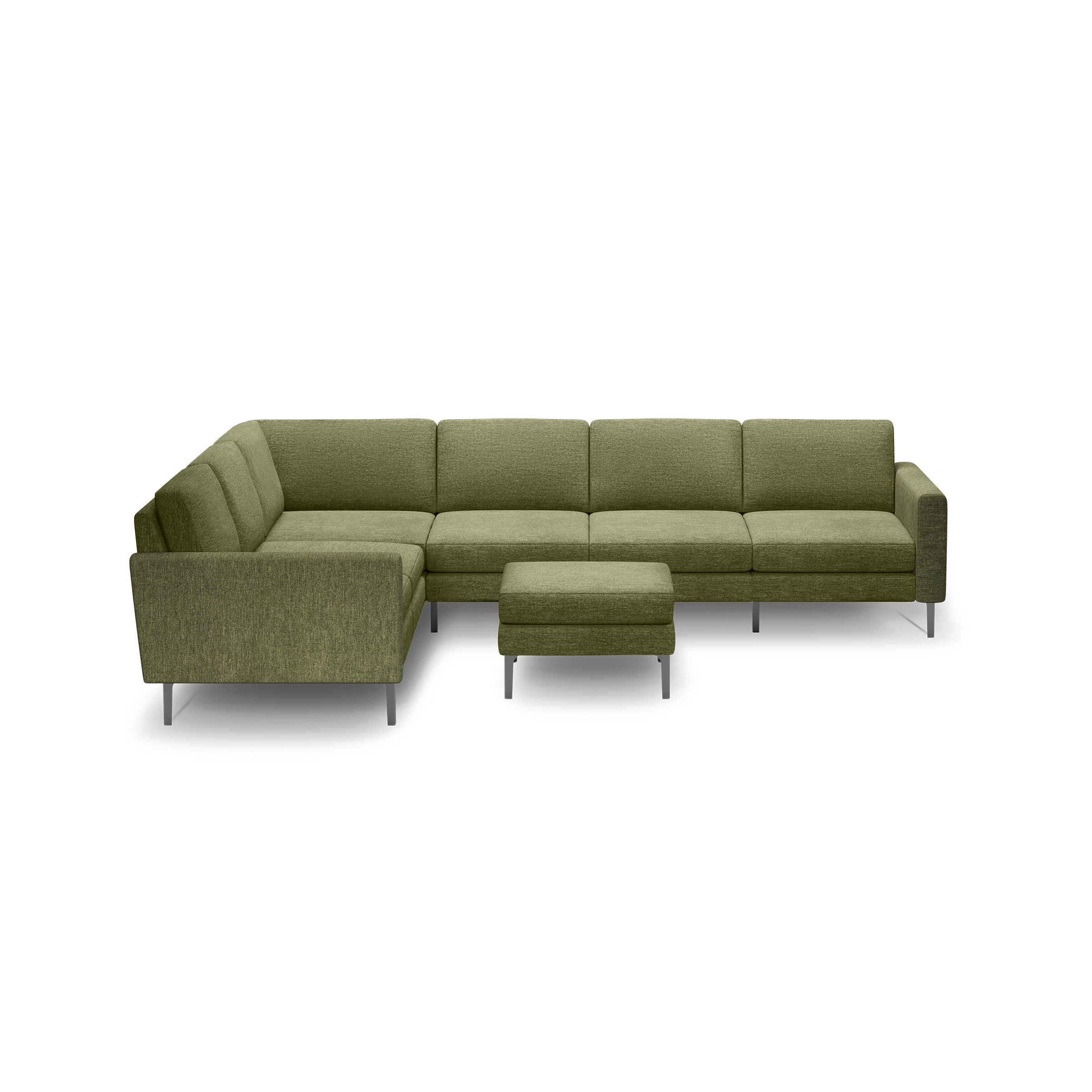 Green fabric L-shaped sectional sofa with a matching ottoman and metal legs, designed for modern living spaces.
