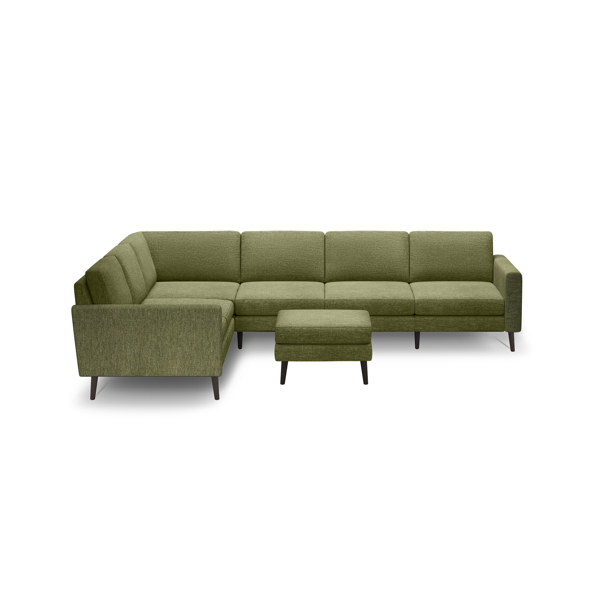 Olive green fabric sectional sofa with modern, boxy cushions and matching ottoman, featuring dark wooden legs.