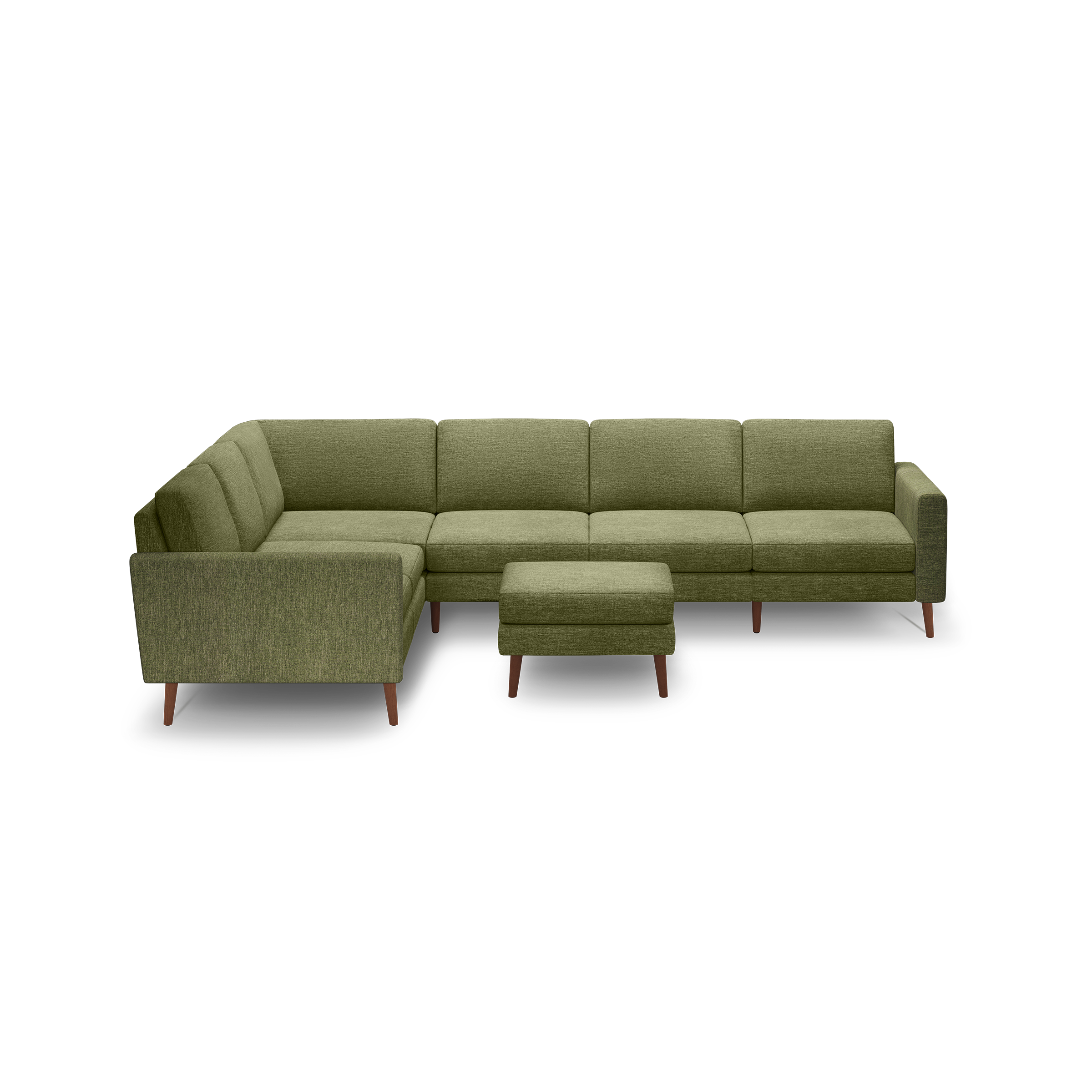 Green fabric L-shaped sectional sofa with matching ottoman and wooden legs, designed for modern living rooms.