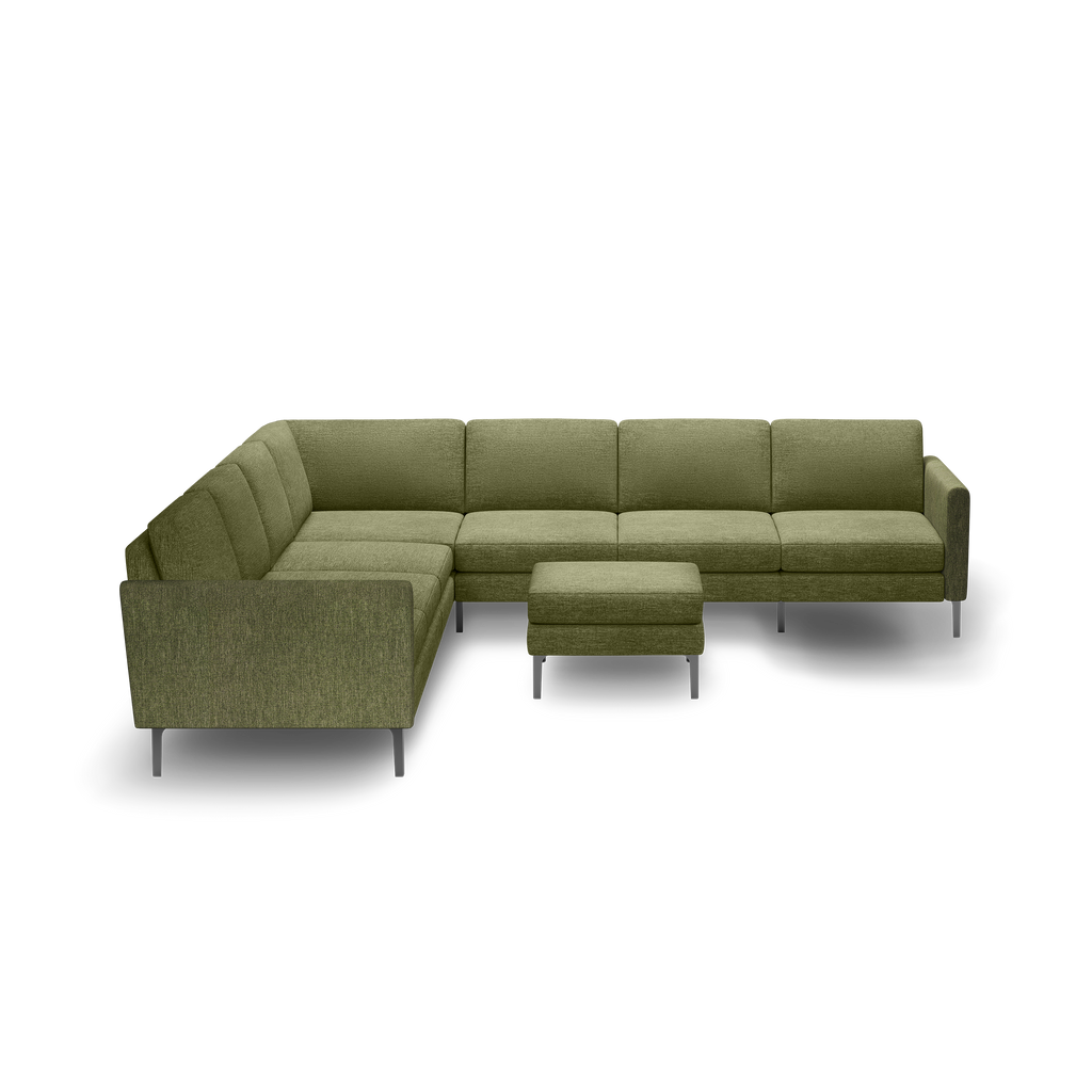 Olive green L-shaped sectional sofa with matching ottoman, featuring clean lines and slim metal legs.