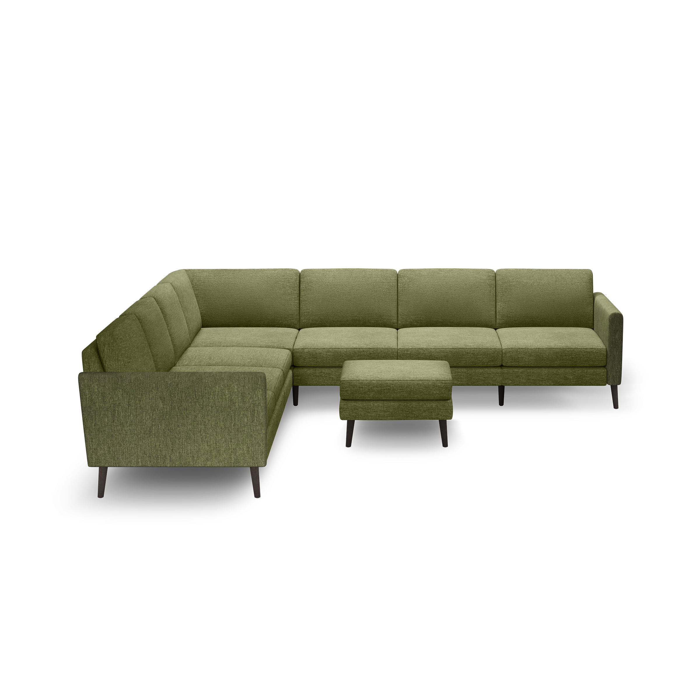 Olive green L-shaped sectional sofa with clean lines, tufted cushions, dark wooden legs, and matching ottoman.