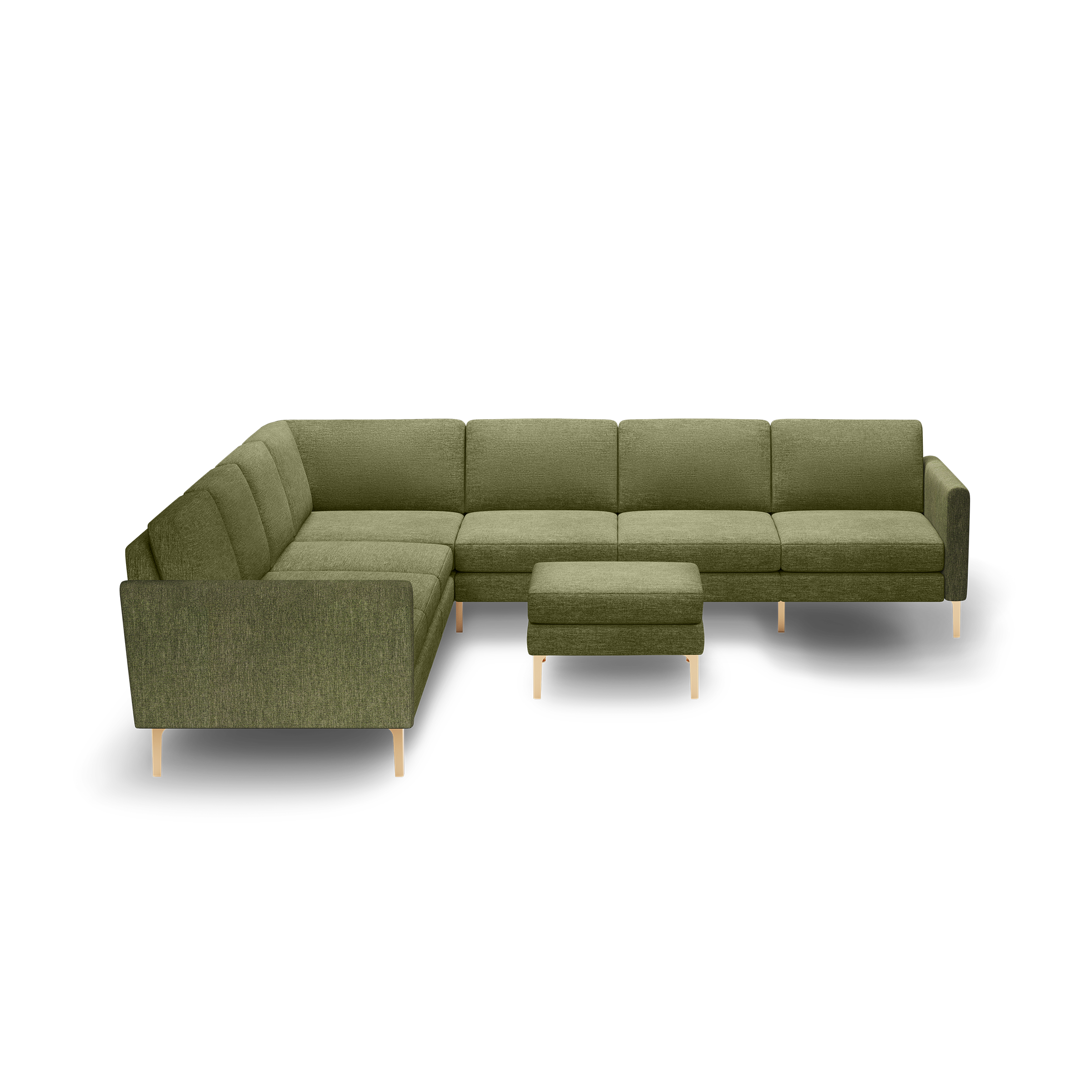 Olive green L-shaped sectional sofa with tufted cushions, wooden legs, and matching ottoman on black background.