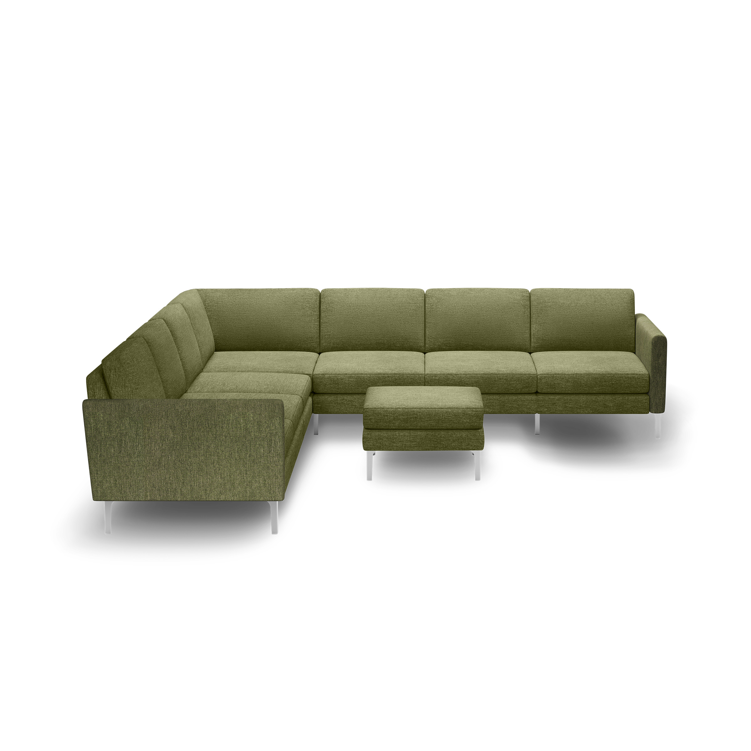 L-shaped sectional sofa in olive green fabric with tufted cushions, metal legs, and matching square ottoman.