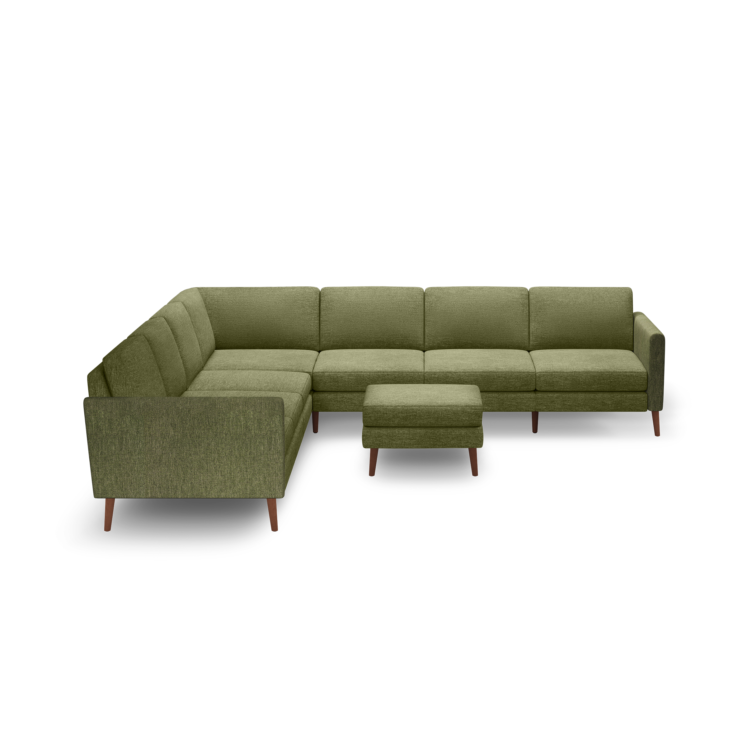 Olive green fabric sectional sofa with wooden legs and matching square ottoman, modern mid-century design, L-shaped configuration.